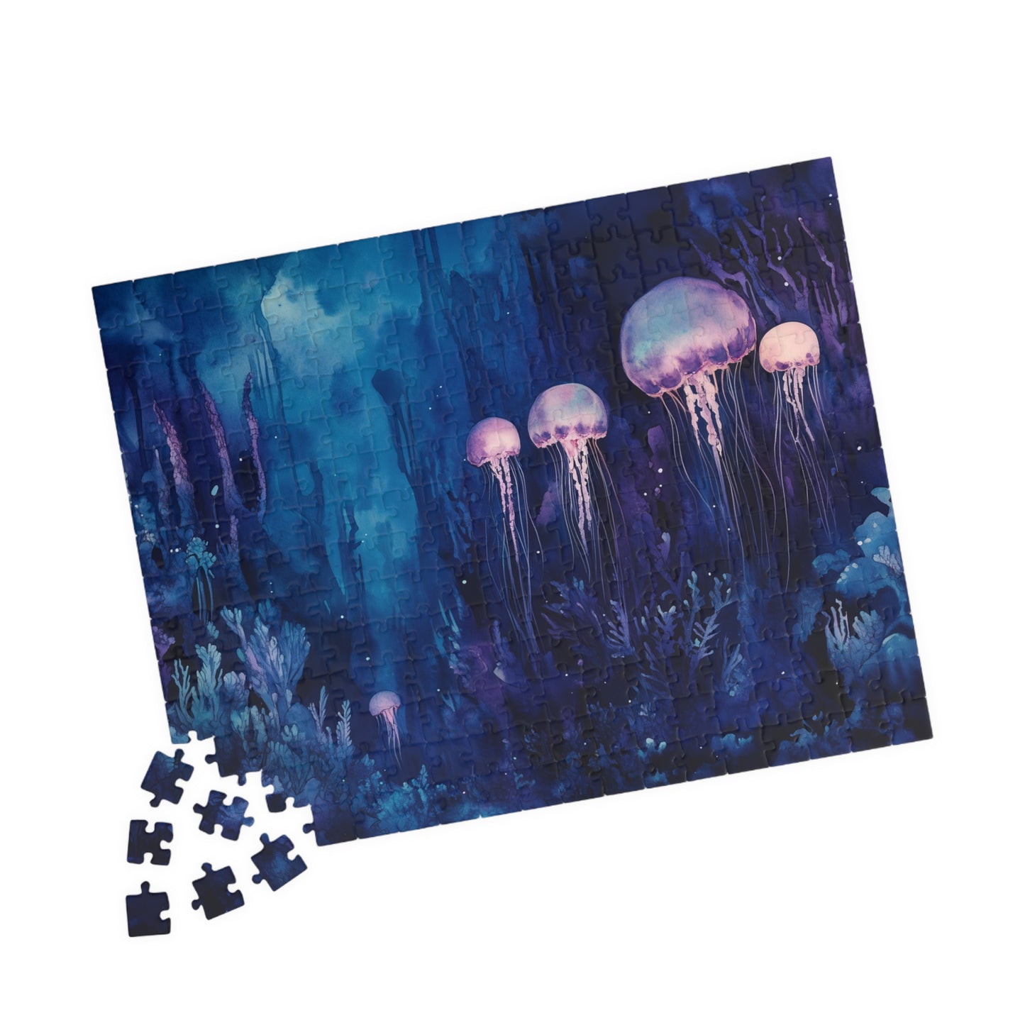 Jellyfish in the Deep Puzzle (110, 252, 520, 1014 Pieces) - Glowing Creatures, Underwater Forest, Bioluminescent Ocean Fantasy