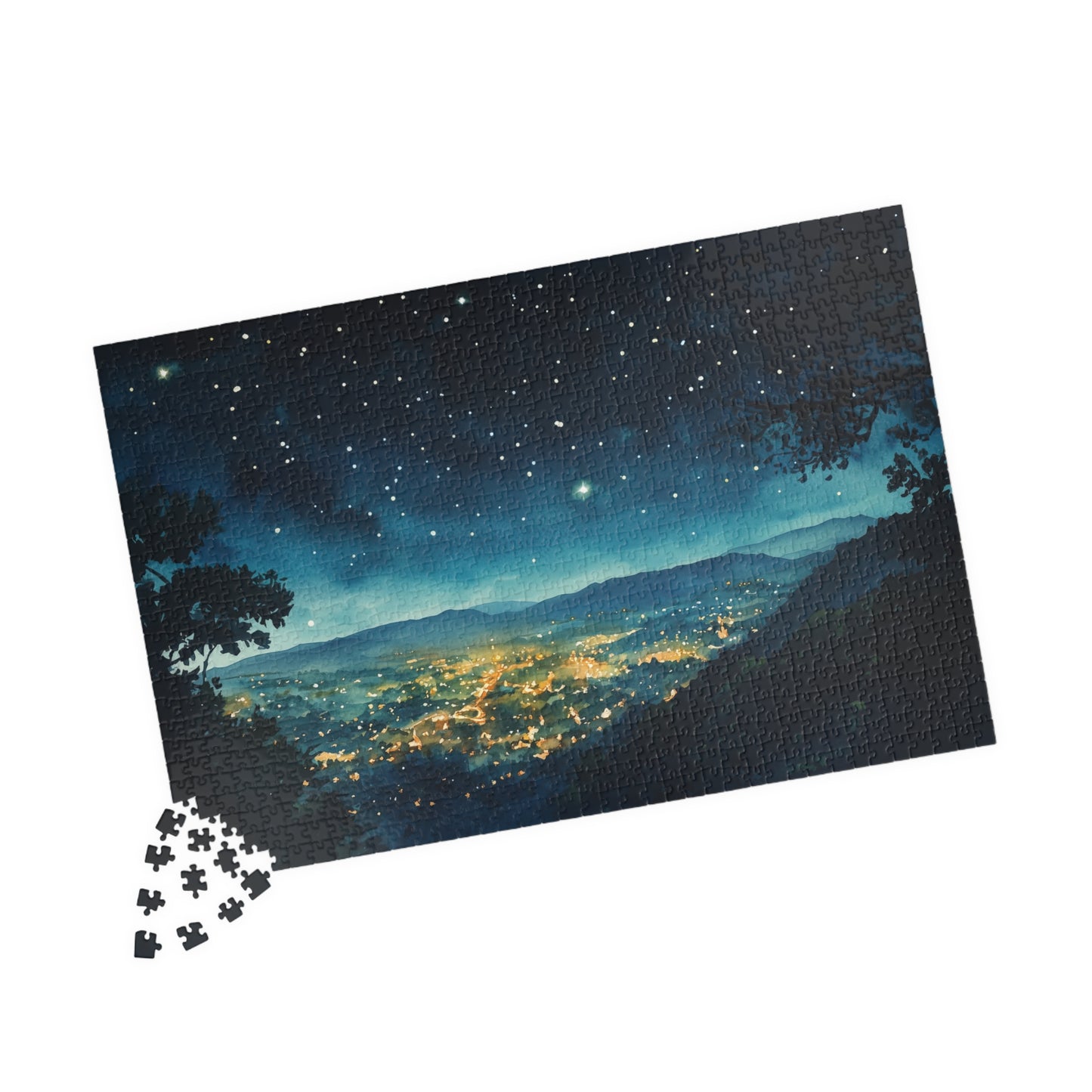 Mountain Town Under a Starry Sky Puzzle (110, 252, 520, 1014 Pieces) - Peaceful Night Lights, Stargazing, Cozy Escape