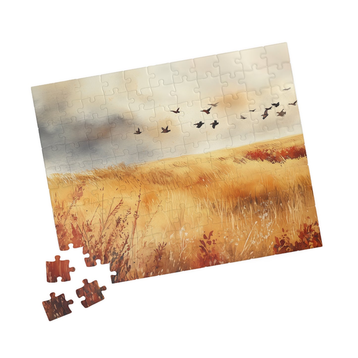 Golden Prairie Flight Puzzle (110, 252, 520, 1014 Pieces) - Autumn Grassland, Birds in Flight, Warm Earth Tones, Stress Relief, Home Decor