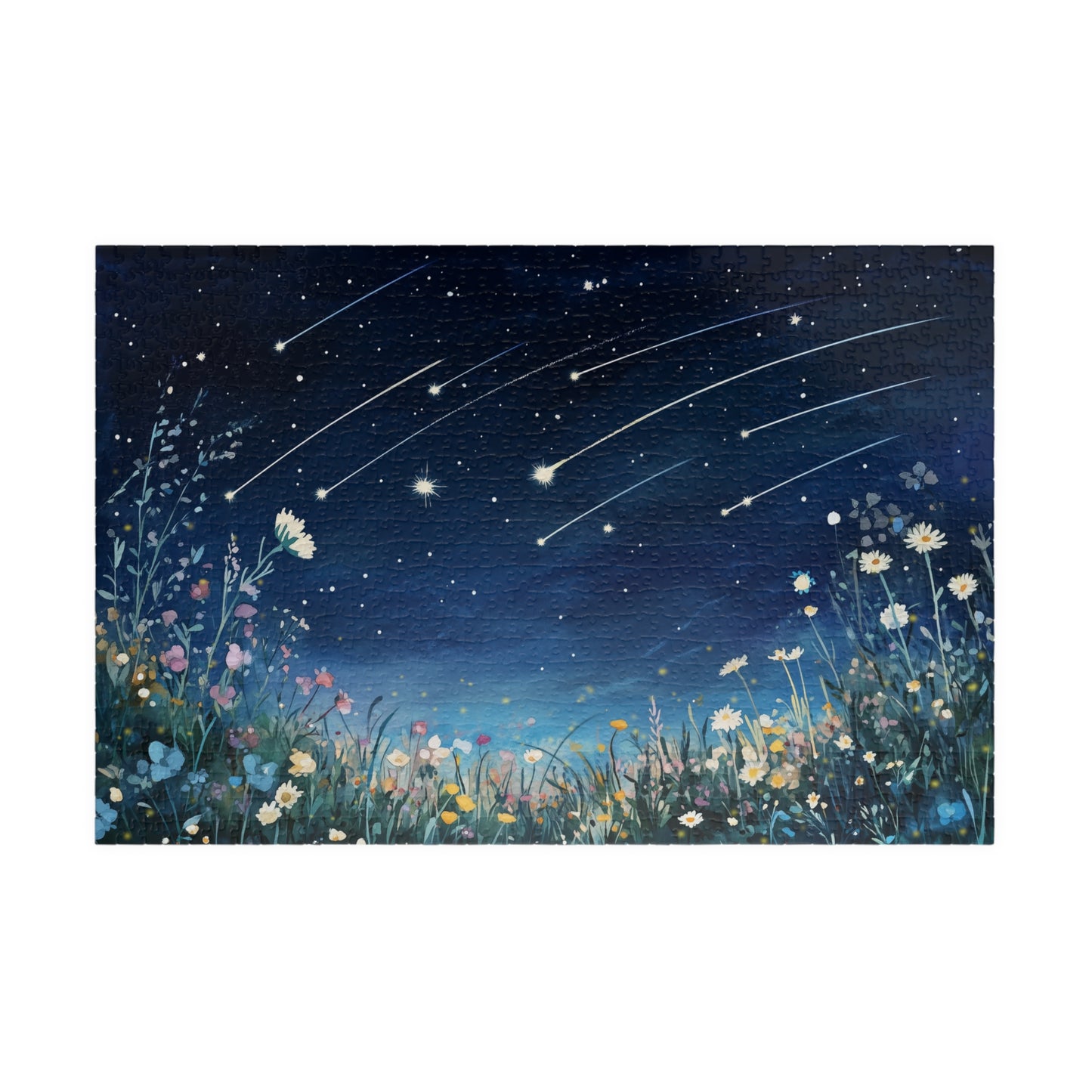 Wildflowers Under a Starry Sky Puzzle (110, 252, 520, 1014 Pieces) - Dreamy Meteor Shower, Starry Night Scene with Colorful Blooms