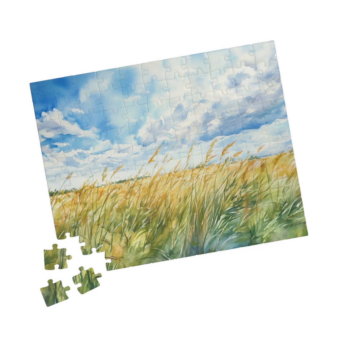 Tall Grasses Blowing Puzzle (110, 252, 520, 1014 Pieces) - Breezy Prairie Scene, Blue Sky, Calming Nature Art, Nature Puzzle, Home Decor