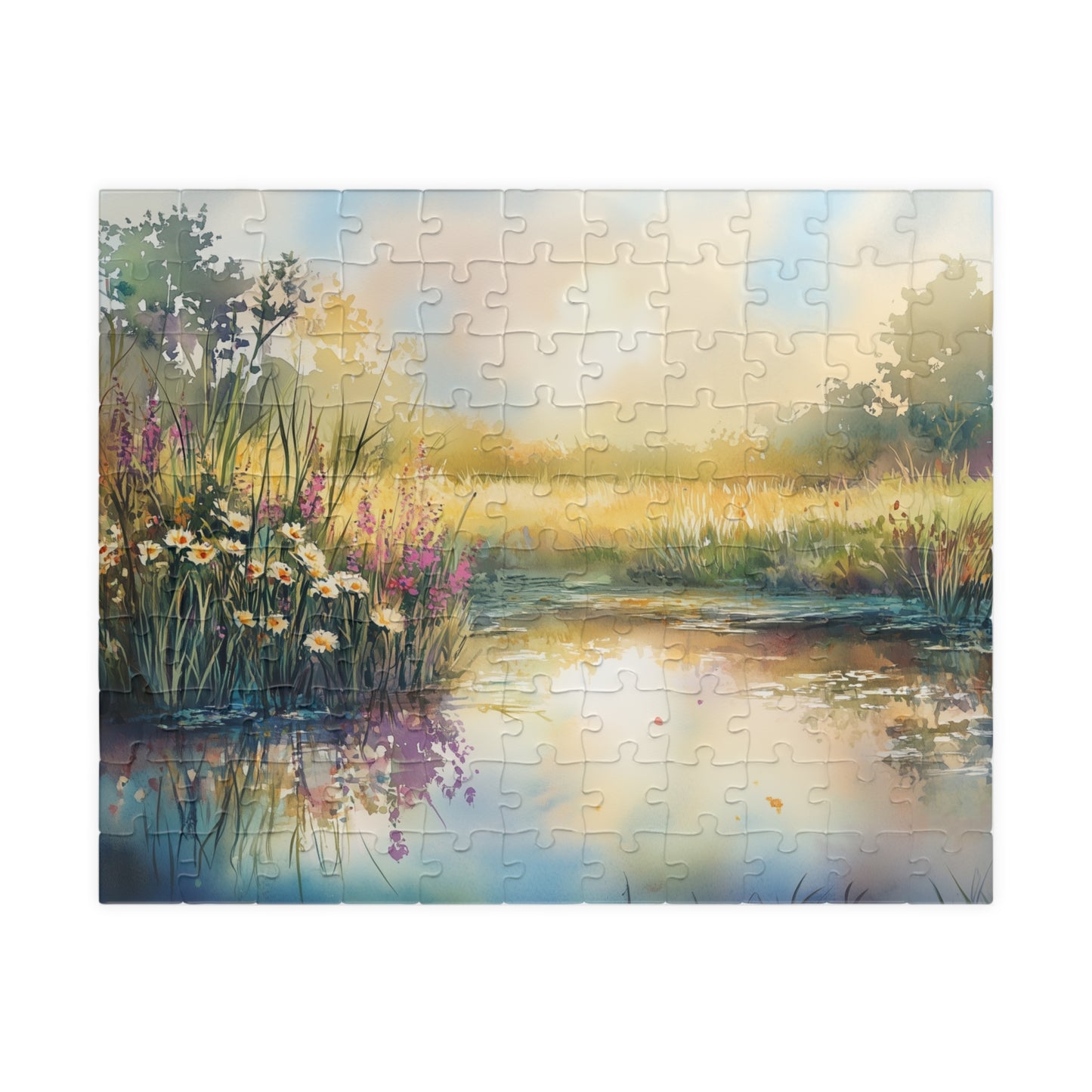 Prairie Pond Puzzle (110, 252, 520, 1014 Pieces) - Reflective Water, Wildflowers, Golden Light, Relaxation, Home Decor, Mindful Activity