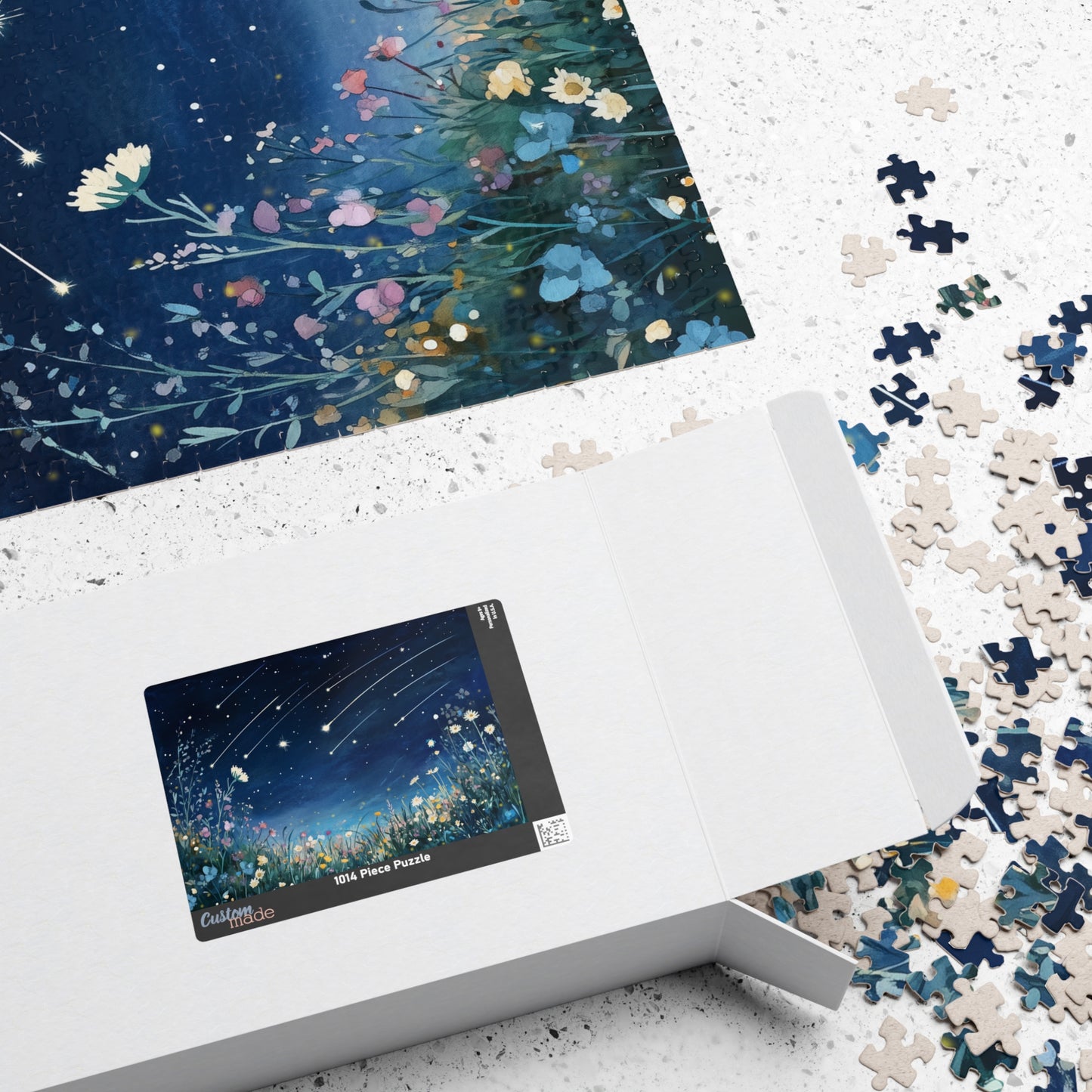 Wildflowers Under a Starry Sky Puzzle (110, 252, 520, 1014 Pieces) - Dreamy Meteor Shower, Starry Night Scene with Colorful Blooms
