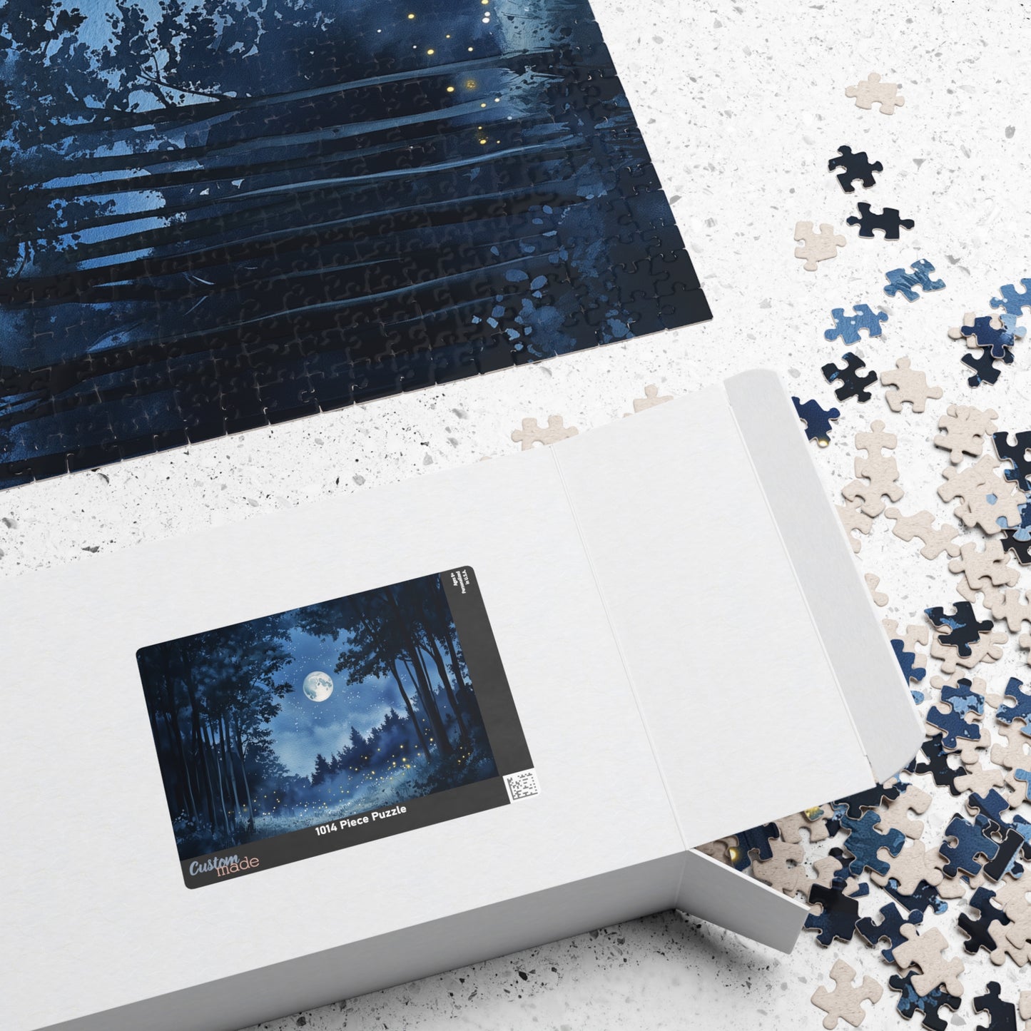 Moonlit Forest Puzzle (110, 252, 520, 1014 Pieces) - Enchanted Trees, Fireflies, and Starry Night Sky in Monochrome Blue