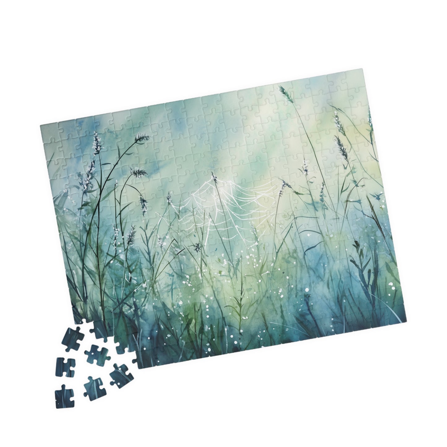Morning Web Puzzle (110, 252, 520, 1014 Pieces) - Dewy Spider Web, Soft Grass, Gentle Light, Nature-Inspired Jigsaw, Beautiful Serenity