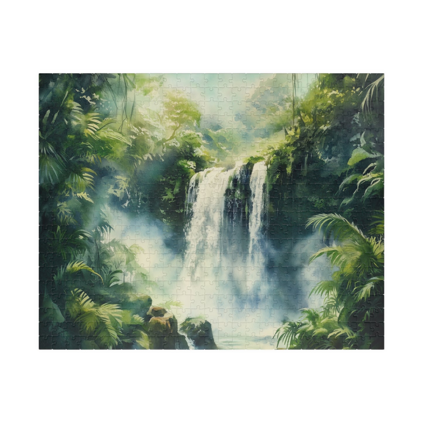 Lush Jungle Waterfall Puzzle (110, 252, 520, 1014 Pieces) - Tropical Rainforest Puzzle, Misty Green Waterfall Art, Serene Nature Escape