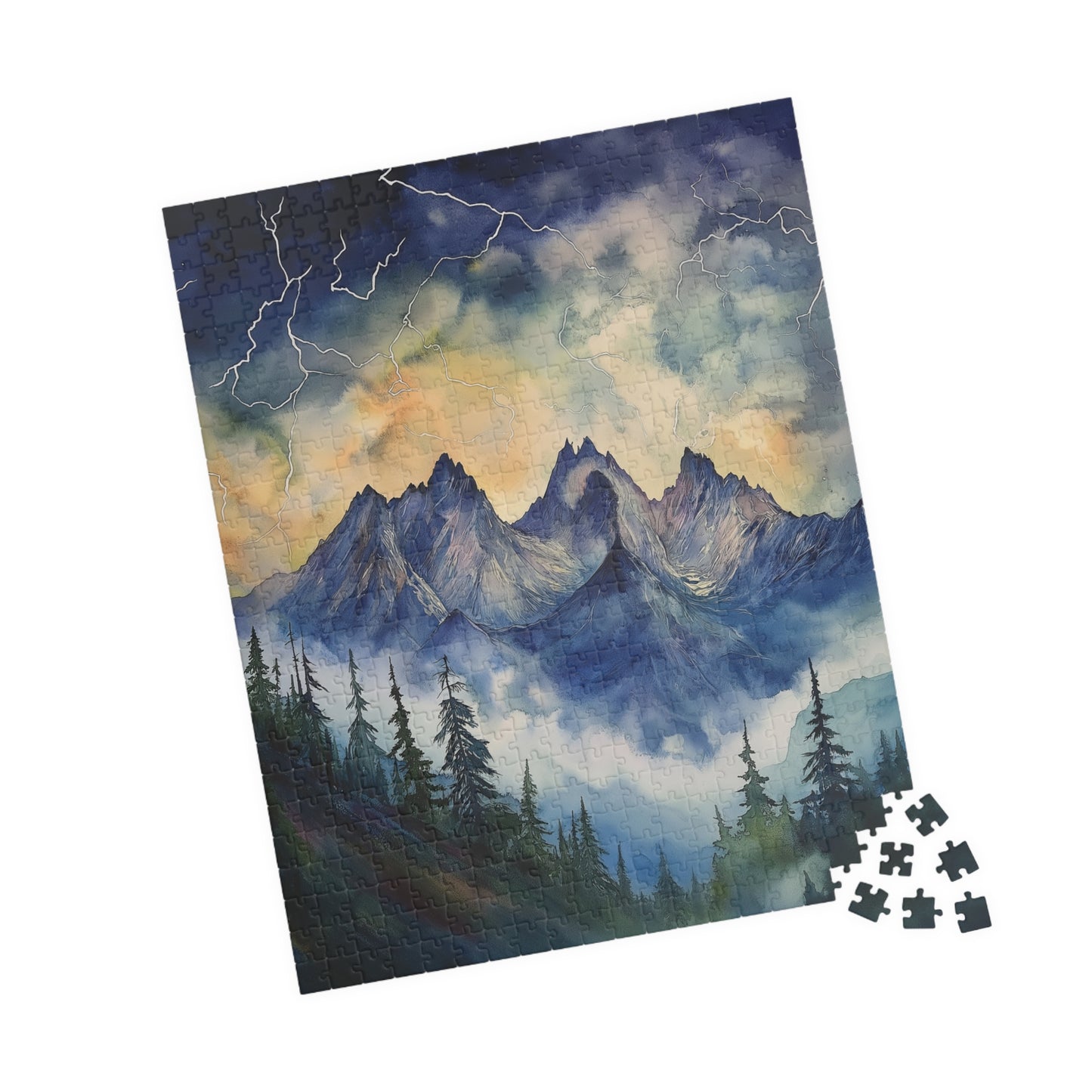 Stormy Mountain Peaks Puzzle (110, 252, 520, 1014 Pieces) - Dark Pine Forest, Lightning Strikes, Dramatic Skies Over Jagged Summits