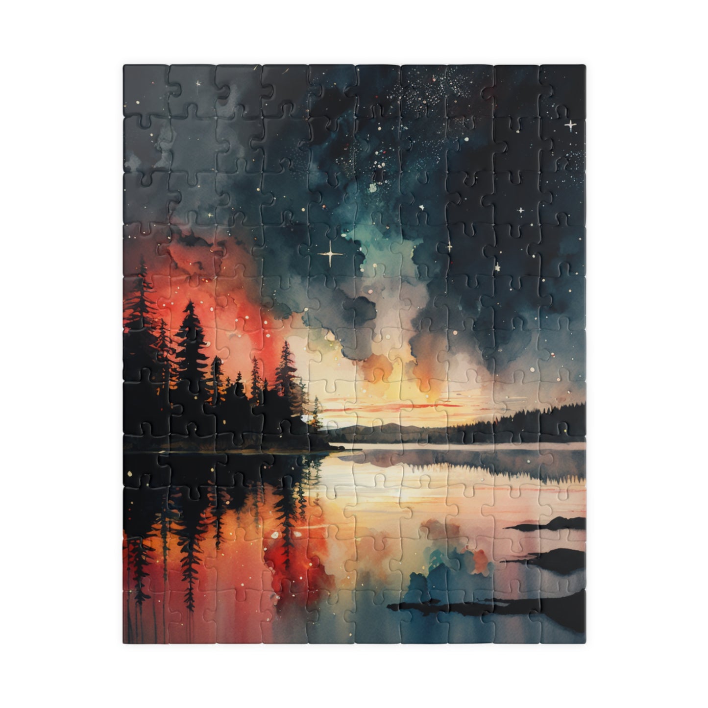 Starlit Reflections Puzzle (110, 252, 520, 1014 Pieces) - Celestial Sky Over Lake, Vibrant Galaxy Colors, Tranquil Nature Scene