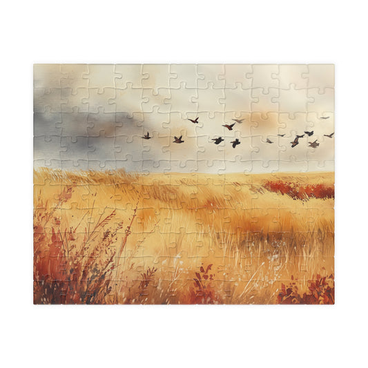 Golden Prairie Flight Puzzle (110, 252, 520, 1014 Pieces) - Autumn Grassland, Birds in Flight, Warm Earth Tones, Stress Relief, Home Decor