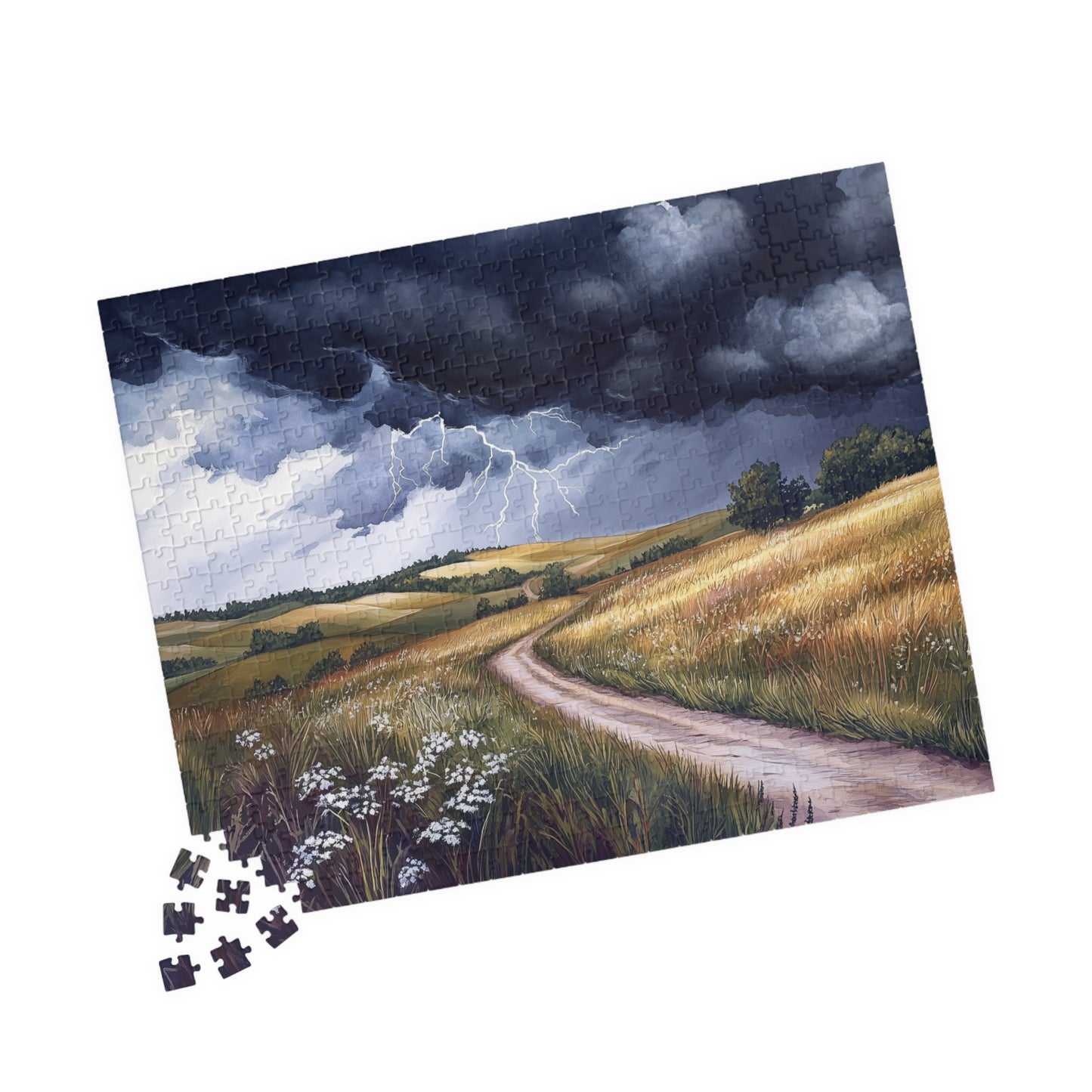 Prairie Thunderstorm Puzzle (110, 252, 520, 1014 Pieces) - Stormy Sky, Lightning Strikes, Country Path Scene, Nature Lover Gift