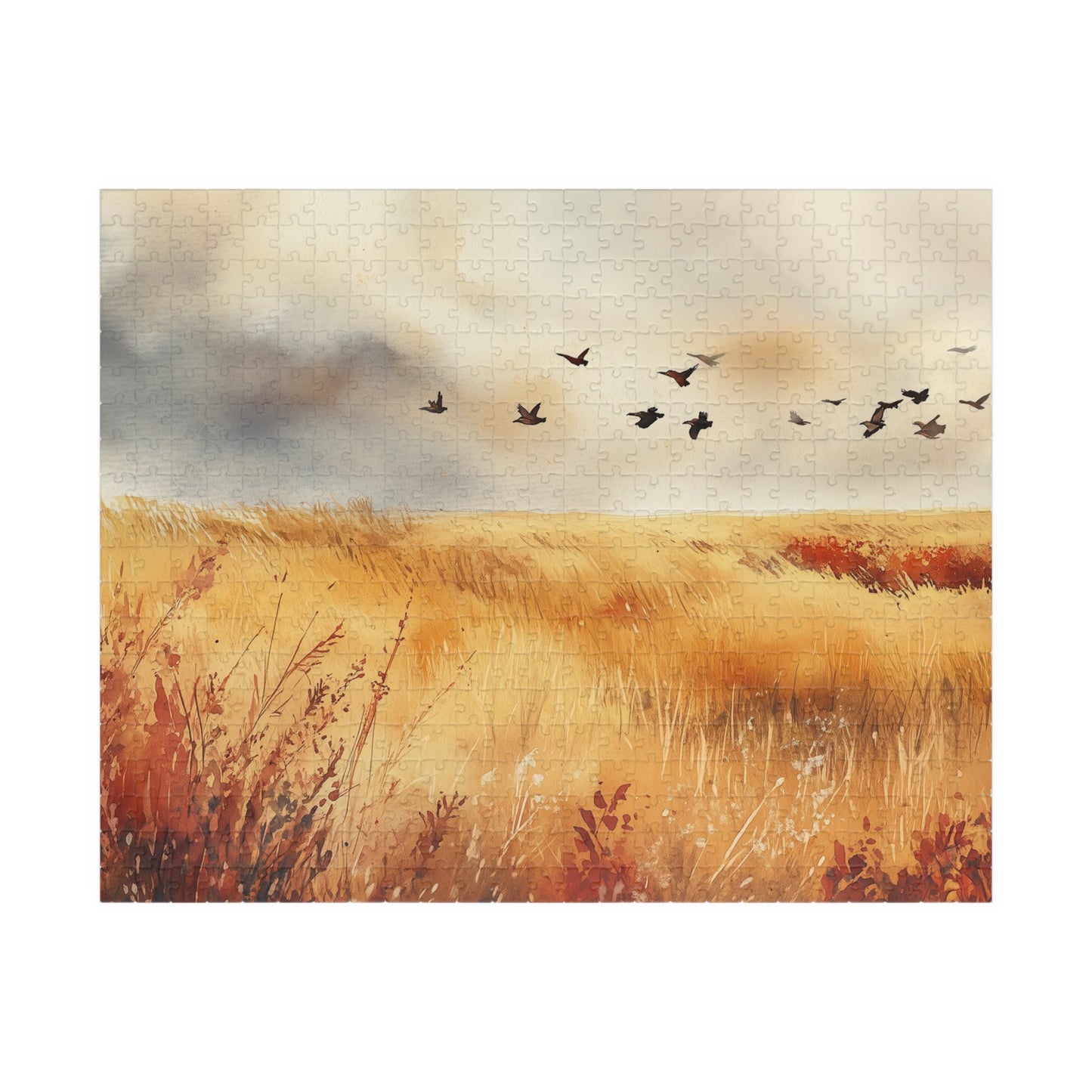 Golden Prairie Flight Puzzle (110, 252, 520, 1014 Pieces) - Autumn Grassland, Birds in Flight, Warm Earth Tones, Stress Relief, Home Decor