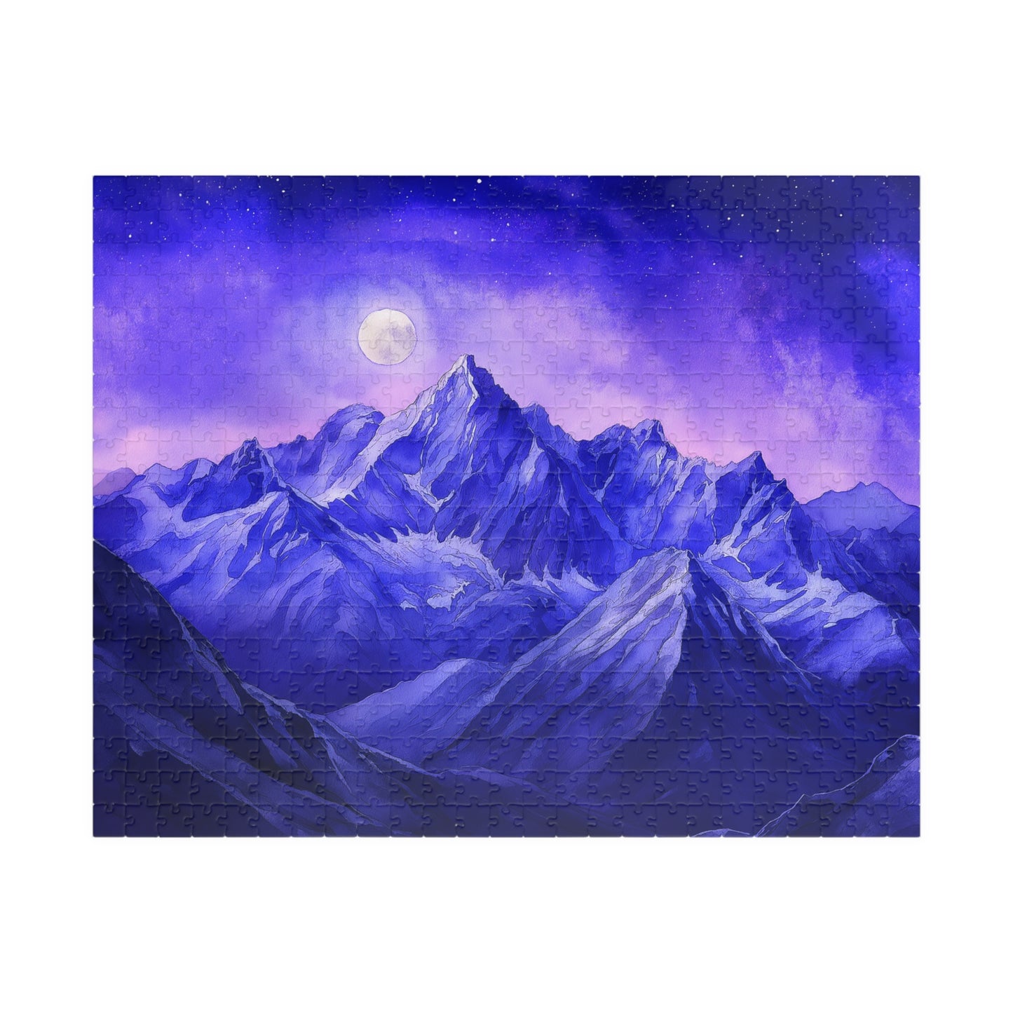 Moonlit Mountains Puzzle (110, 252, 520, 1014 Pieces) - Dreamy Winter Night, Midnight Blues, Starry Sky, Serene Snowy Landscape