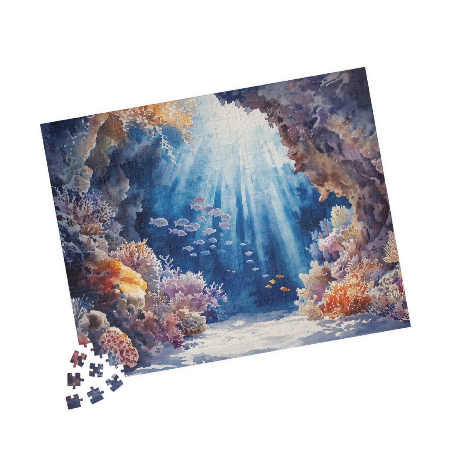 Underwater Reef Cave Puzzle (110, 252, 520, 1014 Pieces) - Ocean Cave, Sunbeams, Coral Reef, Dreamy Watercolor Puzzle