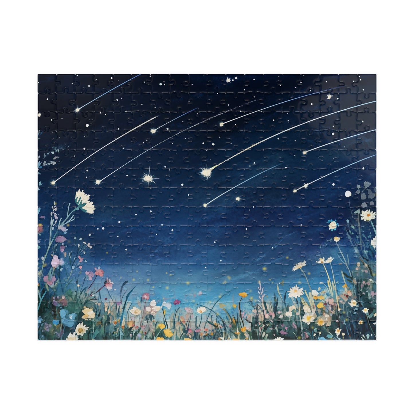 Wildflowers Under a Starry Sky Puzzle (110, 252, 520, 1014 Pieces) - Dreamy Meteor Shower, Starry Night Scene with Colorful Blooms
