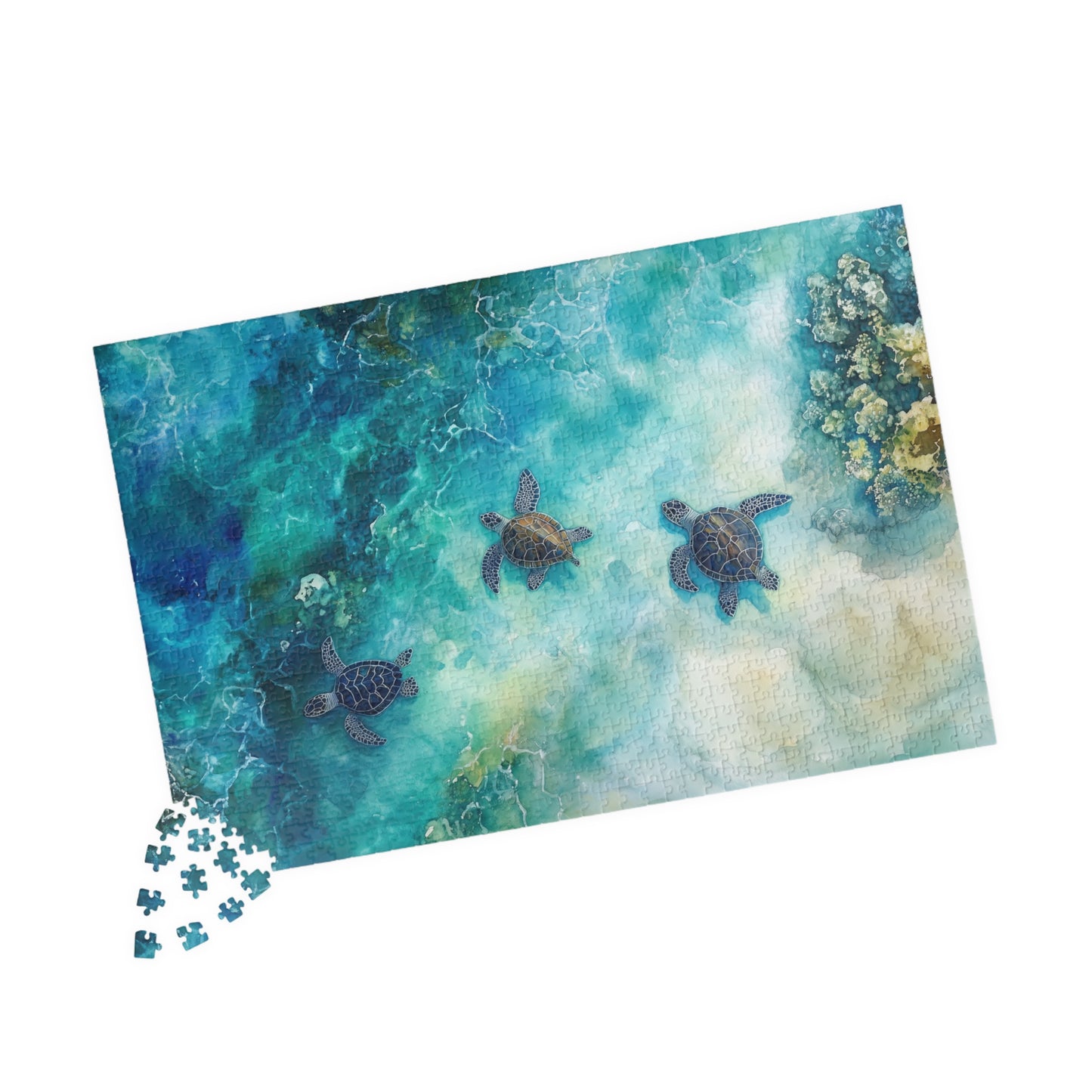 Turtle Trio Puzzle (110, 252, 520, 1014 Pieces) - Watercolor Sea Turtle Art, Ocean Wildlife, Serene Blue Puzzle, Relaxing Nature Puzzle