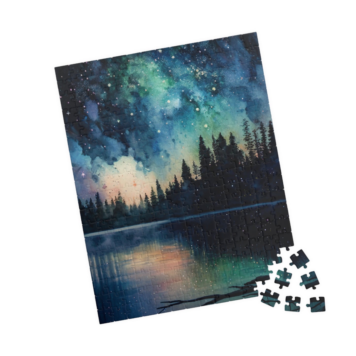 Starry Lake Puzzle (110, 252, 520, 1014 Pieces) - Peaceful Night Sky Reflection, Forest Silhouette, Tranquil Water