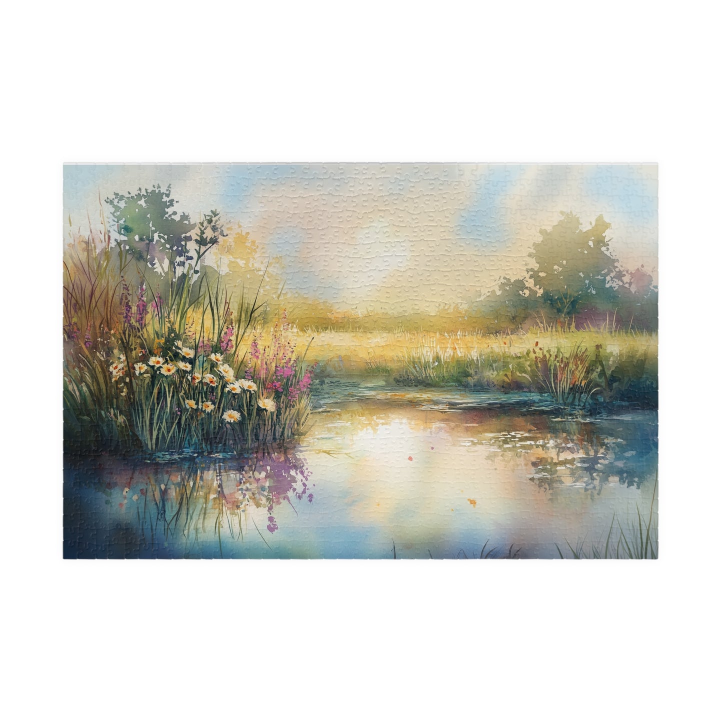 Prairie Pond Puzzle (110, 252, 520, 1014 Pieces) - Reflective Water, Wildflowers, Golden Light, Relaxation, Home Decor, Mindful Activity