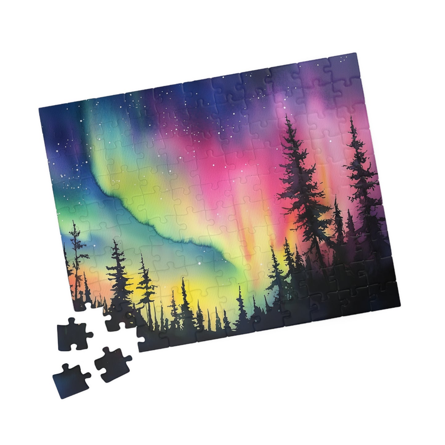 Aurora Glow Puzzle (110, 252, 520, 1014 Pieces) - Northern Lights Over Forest Silhouette, Fun Family Activity, Unique Gift Idea
