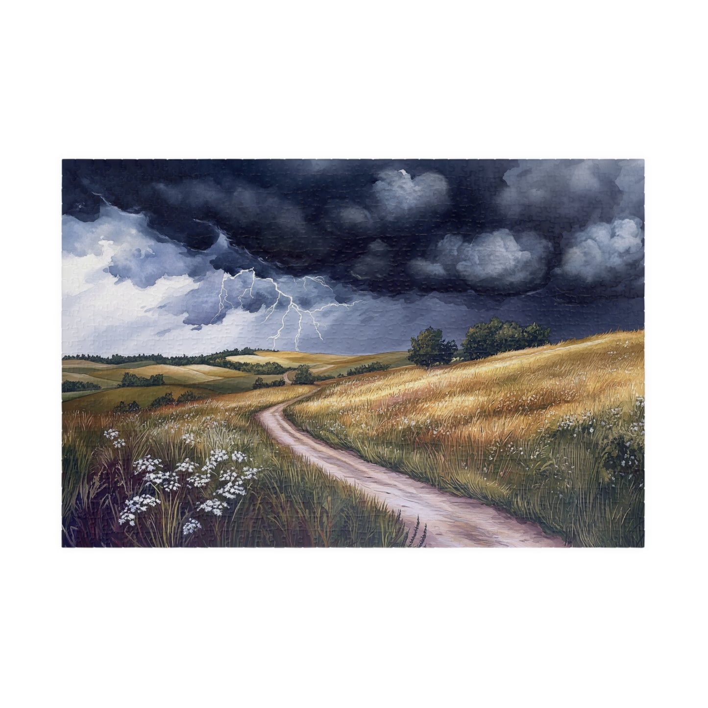 Prairie Thunderstorm Puzzle (110, 252, 520, 1014 Pieces) - Stormy Sky, Lightning Strikes, Country Path Scene, Nature Lover Gift
