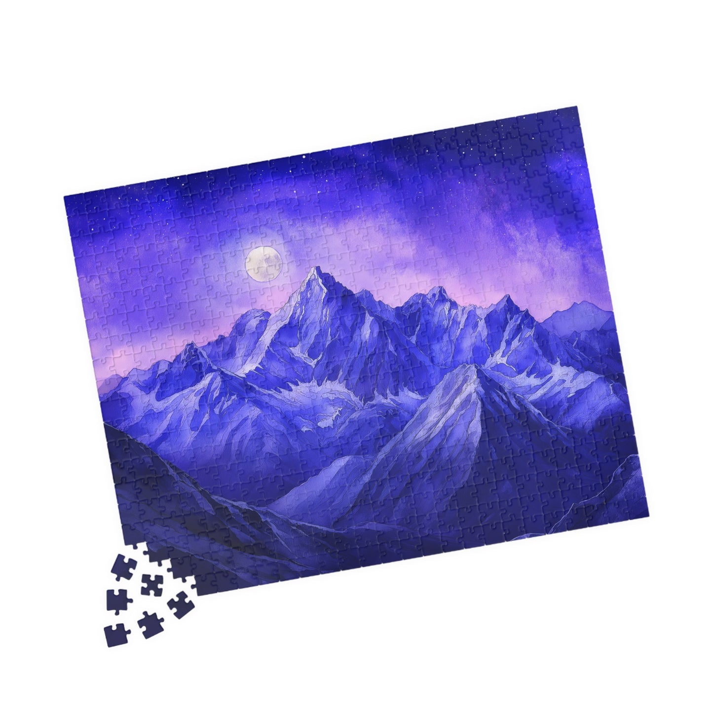 Moonlit Mountains Puzzle (110, 252, 520, 1014 Pieces) - Dreamy Winter Night, Midnight Blues, Starry Sky, Serene Snowy Landscape