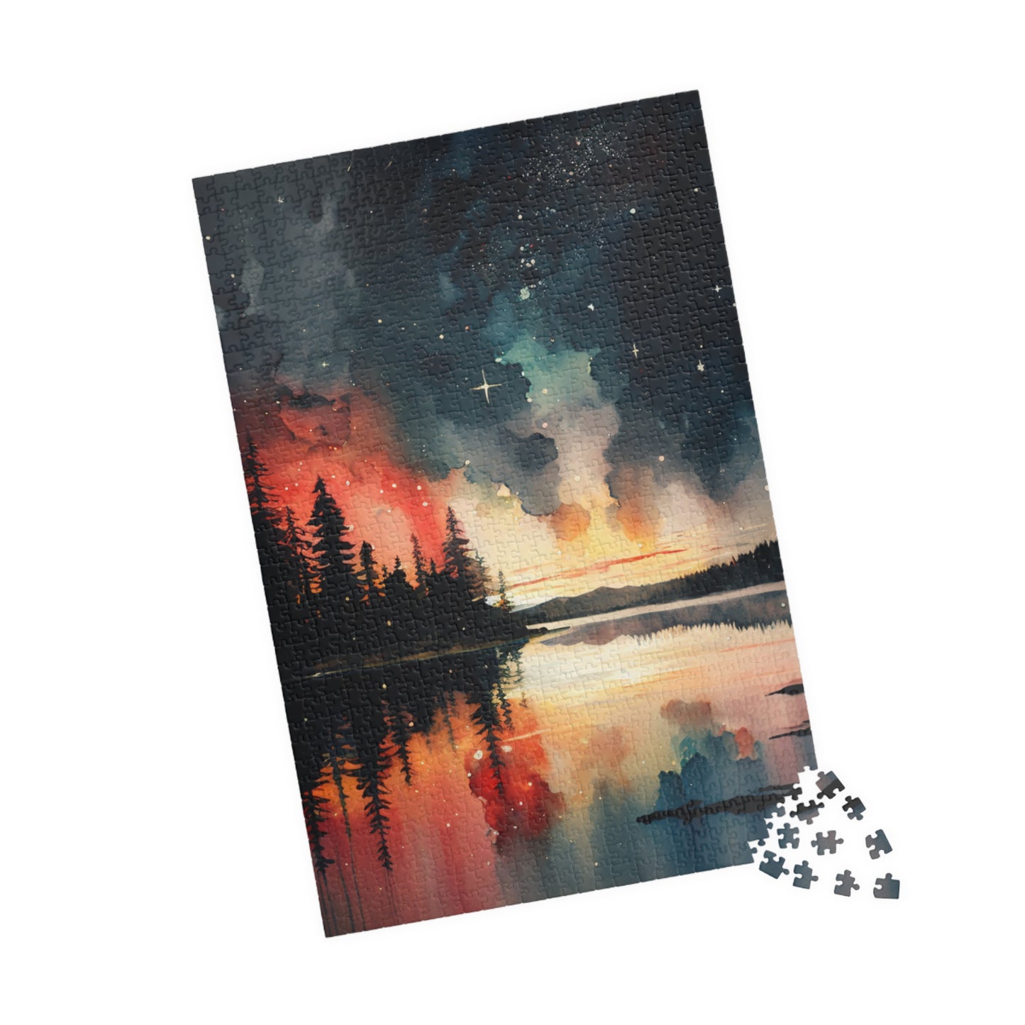 Starlit Reflections Puzzle (110, 252, 520, 1014 Pieces) - Celestial Sky Over Lake, Vibrant Galaxy Colors, Tranquil Nature Scene