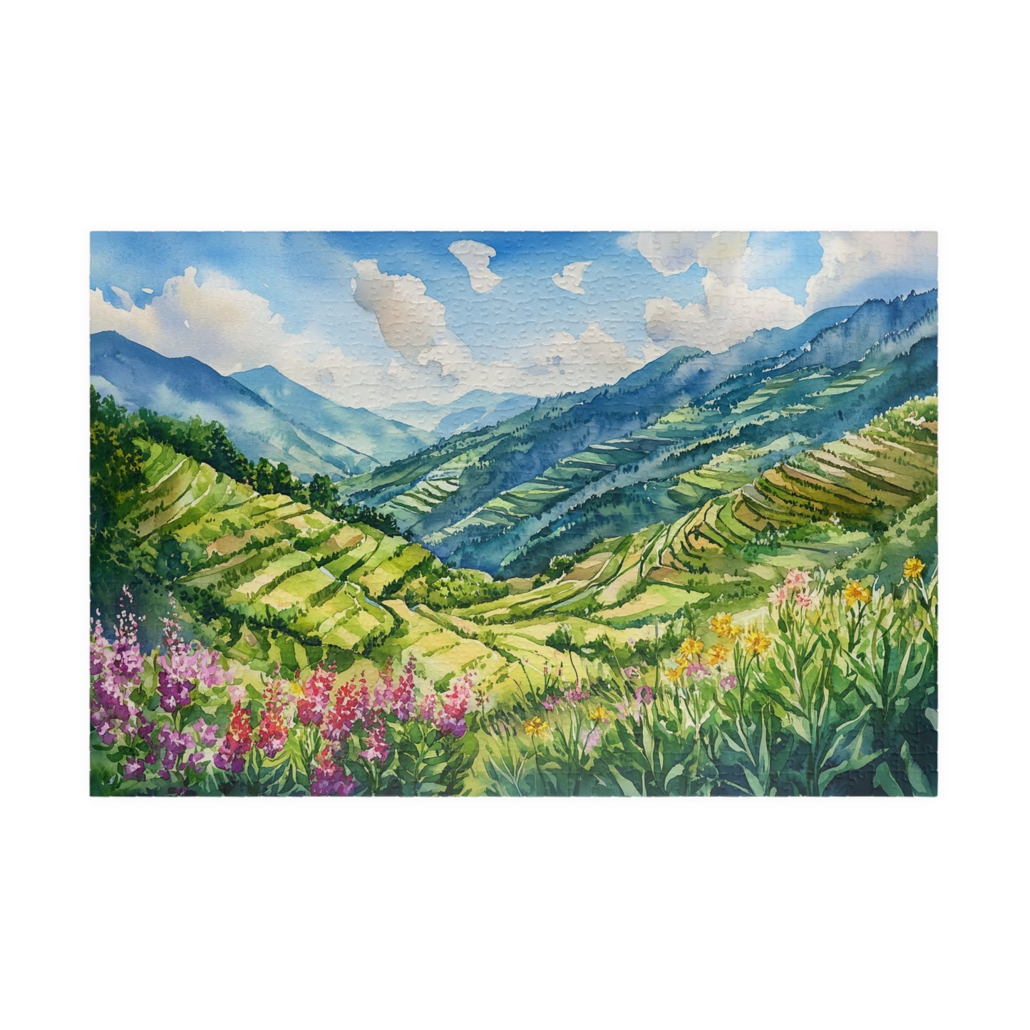 Terraced Hillside Puzzle (110, 252, 520, 1014 Pieces) - Lush Green Valleys, Layered Landscapes, Blooming Wildflowers, Vivid Nature Puzzle