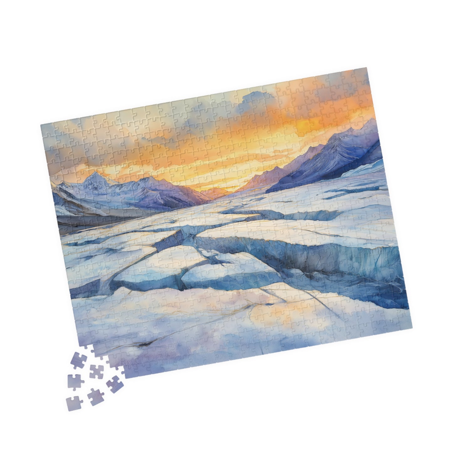 Glacial Field Puzzle (110, 252, 520, 1014 Pieces) - Frozen Mountain Landscape with Cracked Ice, Arctic Horizon, and Winter Sunset Glow