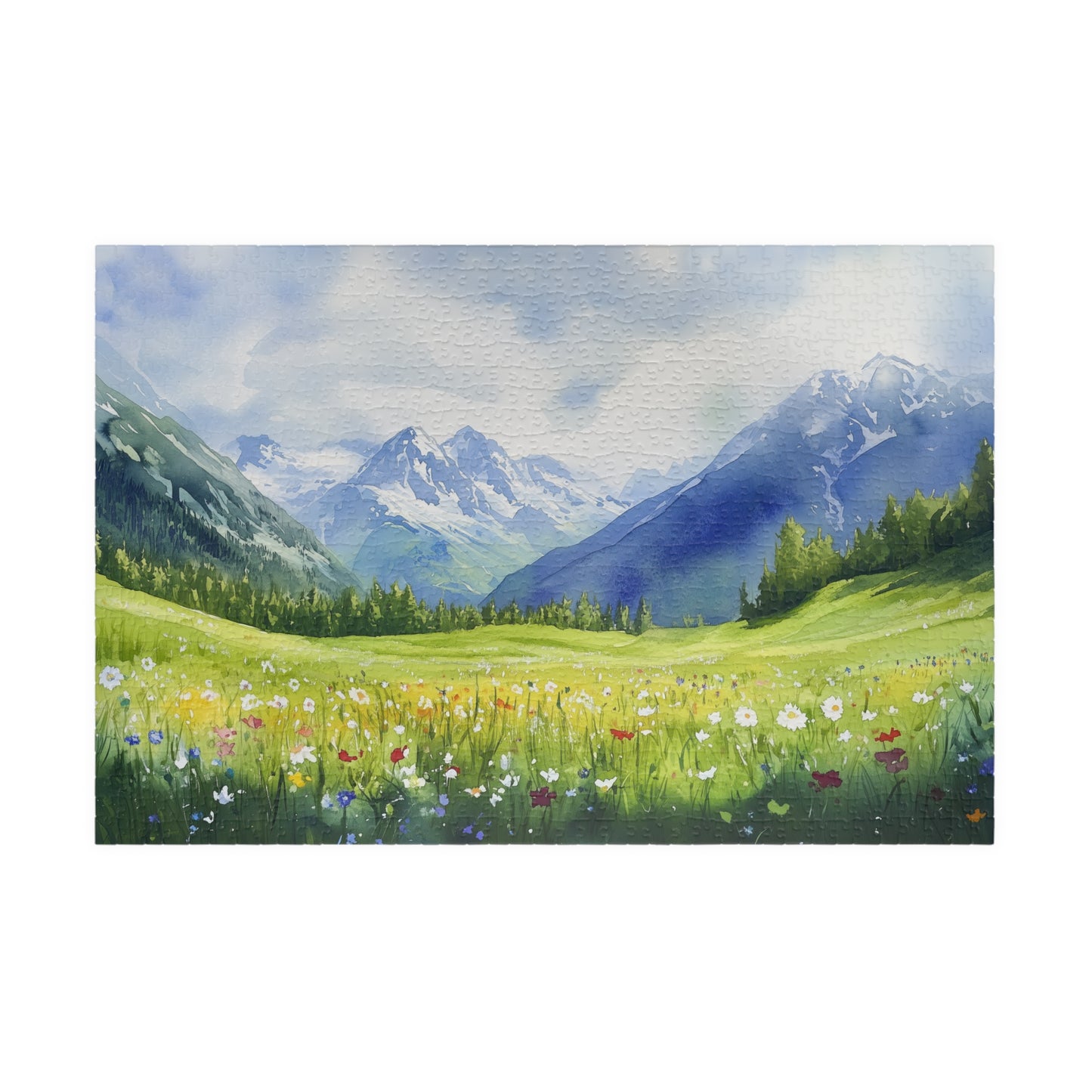 Spring Mountain Puzzle (110, 252, 520, 1014 Pieces) - Alpine Wildflower Meadow with Snowy Peaks, Blue Sky, and Peaceful Green Hills