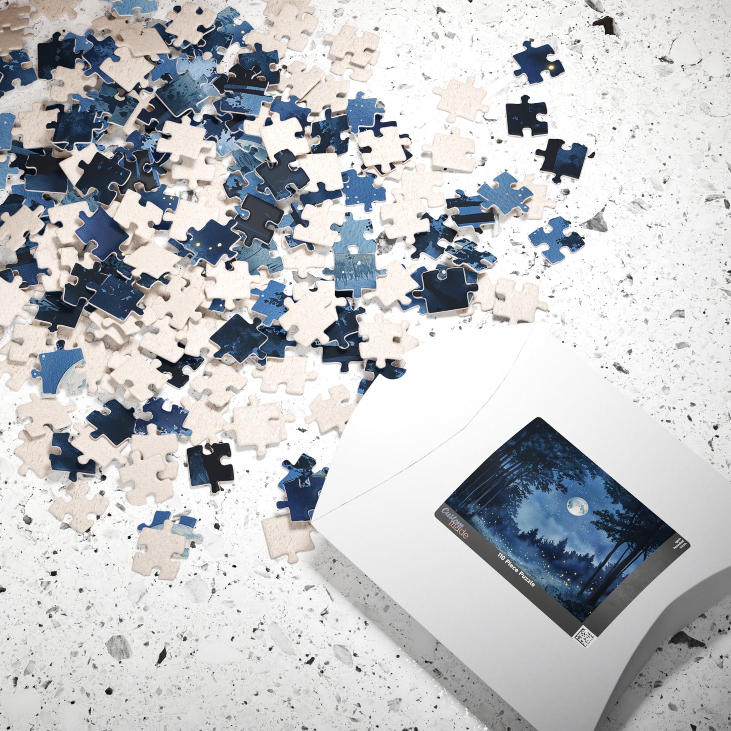 Moonlit Forest Puzzle (110, 252, 520, 1014 Pieces) - Enchanted Trees, Fireflies, and Starry Night Sky in Monochrome Blue