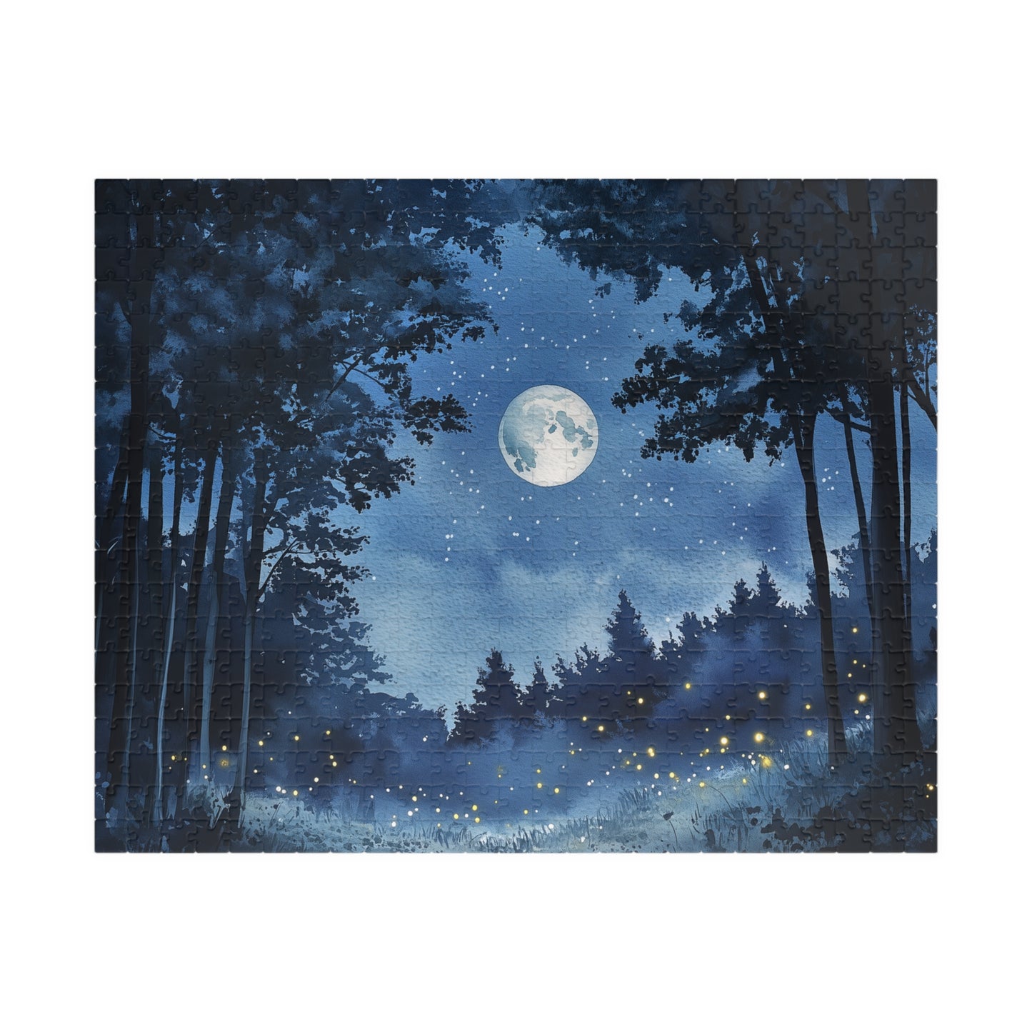 Moonlit Forest Puzzle (110, 252, 520, 1014 Pieces) - Enchanted Trees, Fireflies, and Starry Night Sky in Monochrome Blue