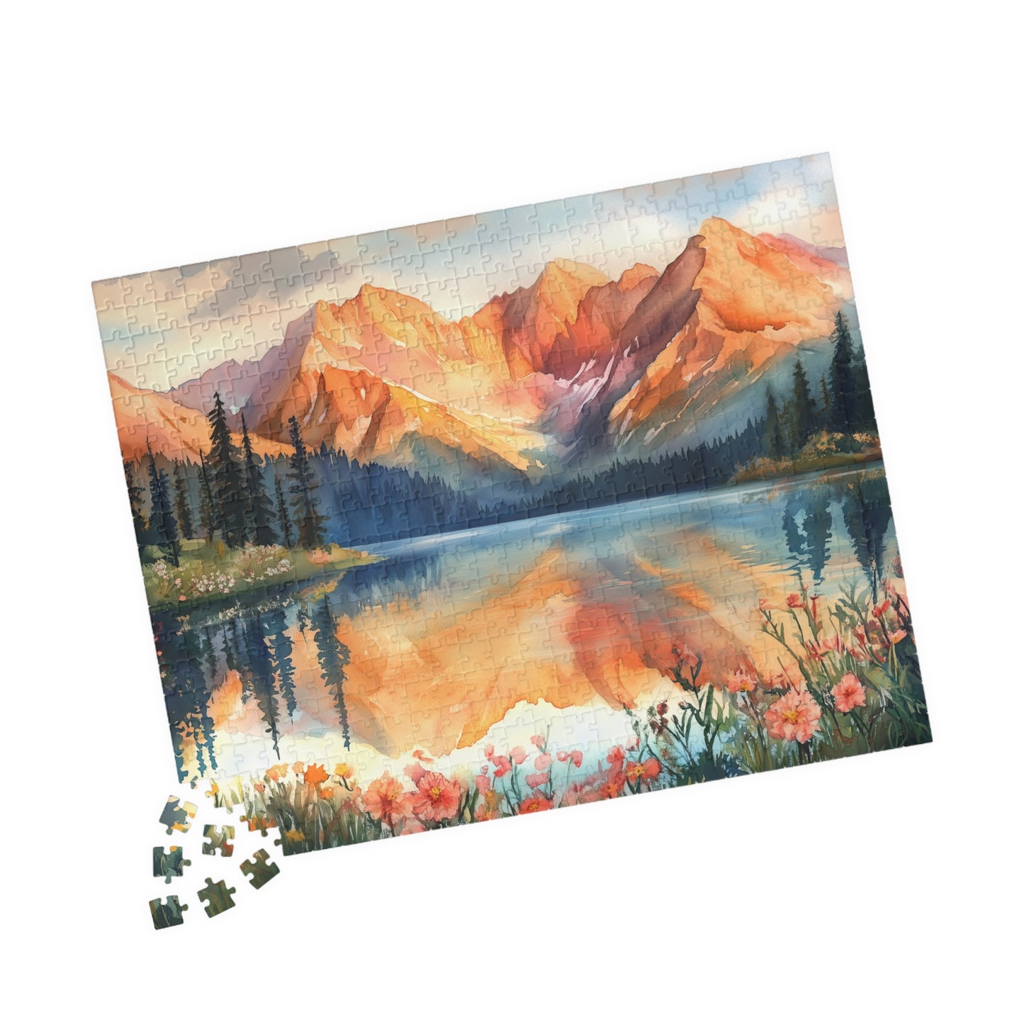 Fiery Red Mountain Reflection Puzzle (110, 252, 520, 1014 Pieces) - Wildflower Shoreline, Alpine Forest, Golden Hour Glow,
