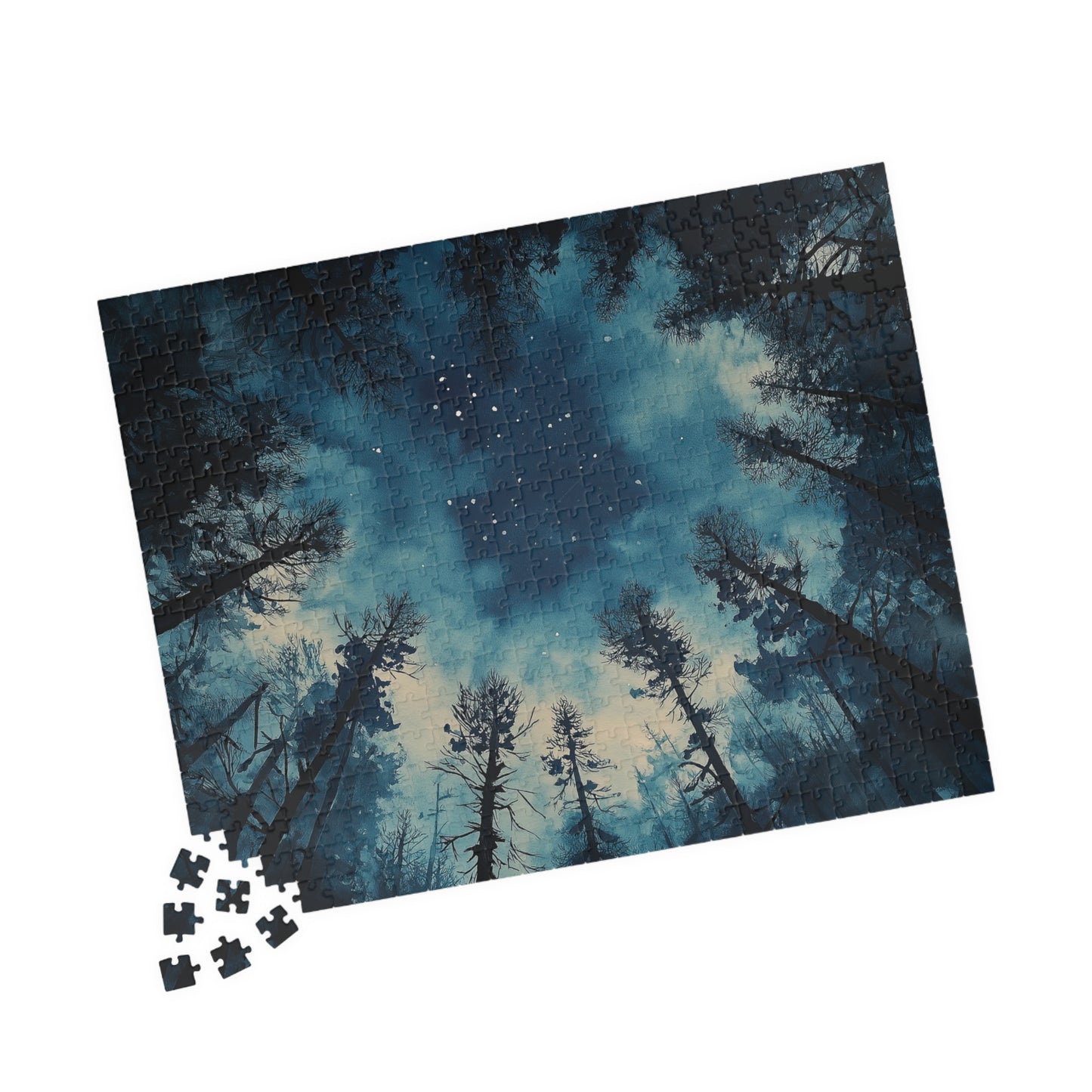 Moody Forest Sky Puzzle (110, 252, 520, 1014 Pieces) - Atmospheric Night View, Blue Toned, Starry Tree Canopy