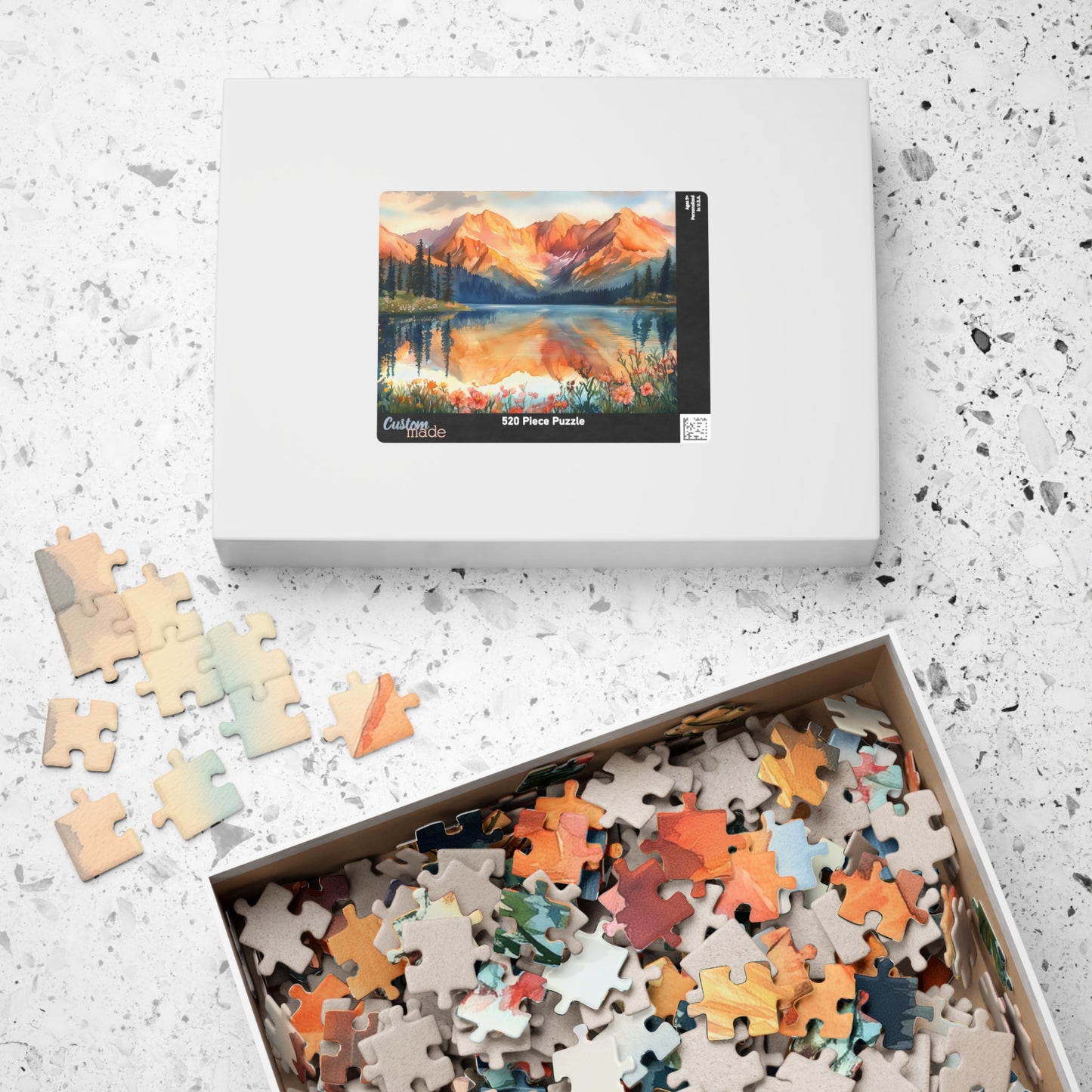 Fiery Red Mountain Reflection Puzzle (110, 252, 520, 1014 Pieces) - Wildflower Shoreline, Alpine Forest, Golden Hour Glow,