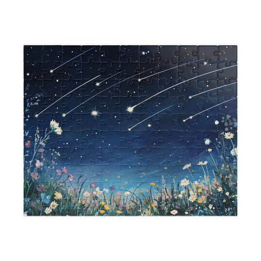 Wildflowers Under a Starry Sky Puzzle (110, 252, 520, 1014 Pieces) - Dreamy Meteor Shower, Starry Night Scene with Colorful Blooms