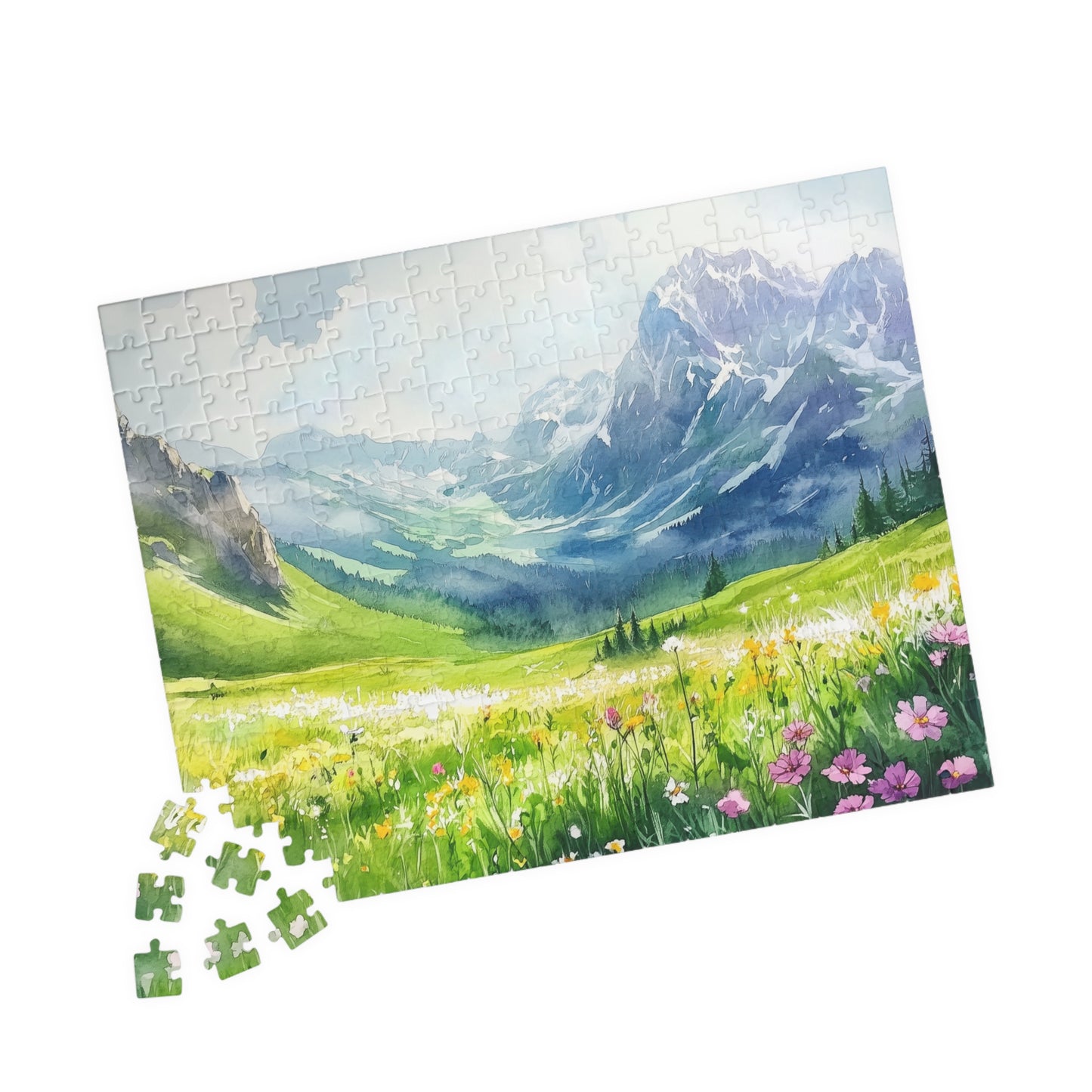 Mountain Meadow Puzzle (110, 252, 520, 1014 Pieces) - Wildflowers, Alpine Valley, Snowy Peaks, Peaceful Landscape