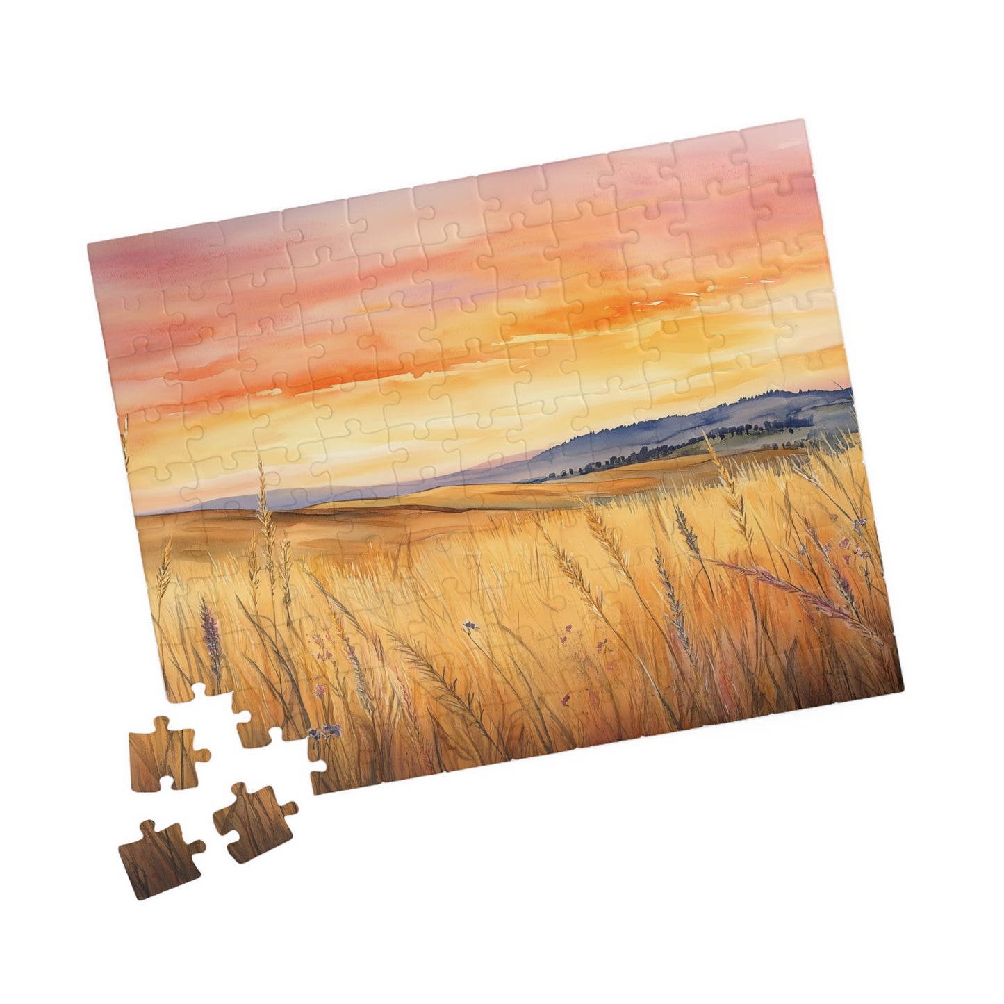 Prairie at Sunset Puzzle (110, 252, 520, 1014 Pieces) - Golden Fields, Rolling Hills, Glowing Horizon, Nature Lovers Gift, Relaxing Activity