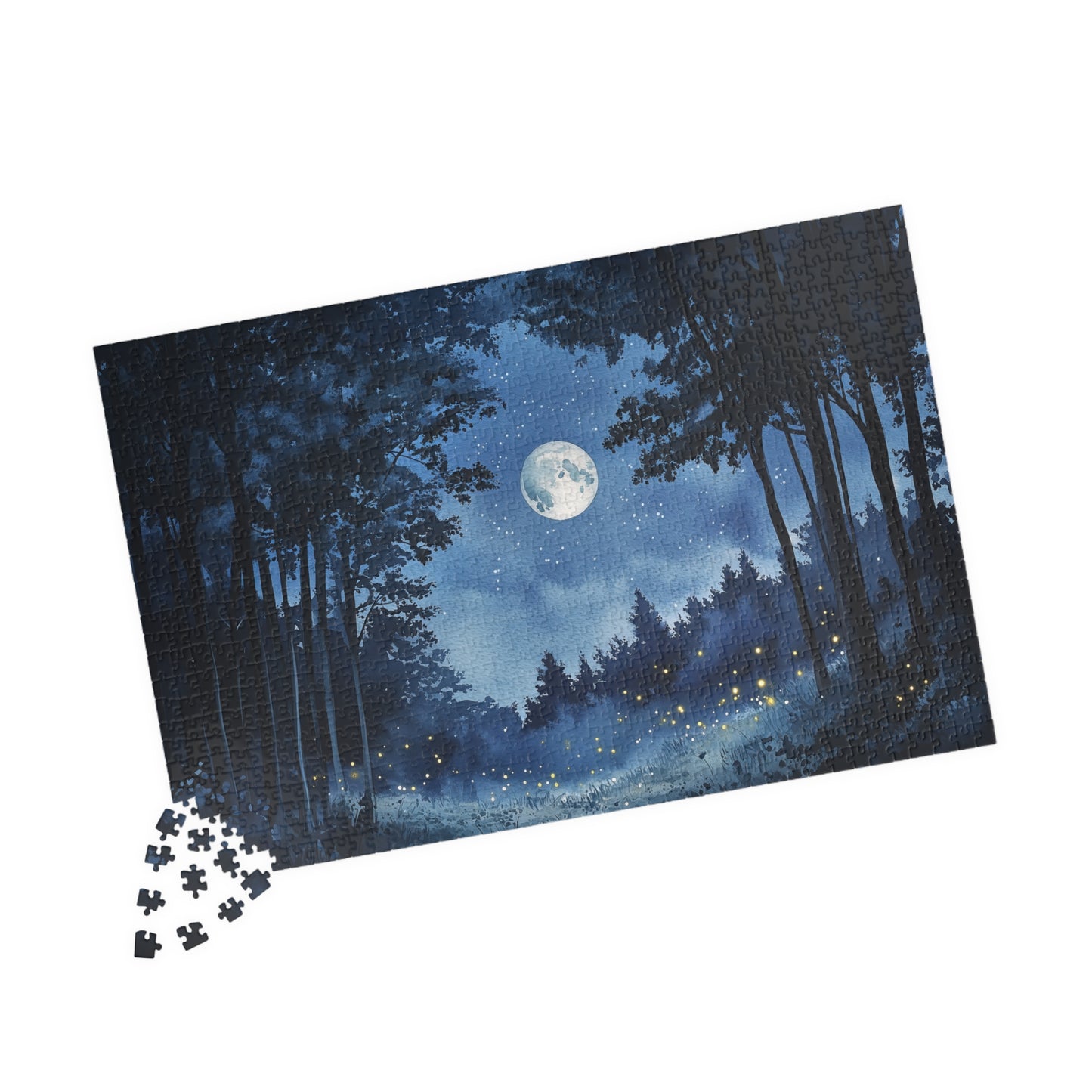 Moonlit Forest Puzzle (110, 252, 520, 1014 Pieces) - Enchanted Trees, Fireflies, and Starry Night Sky in Monochrome Blue
