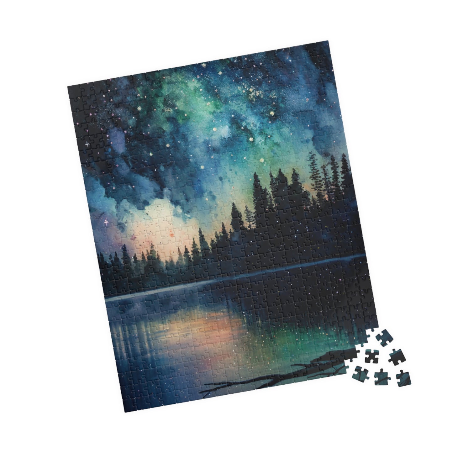 Starry Lake Puzzle (110, 252, 520, 1014 Pieces) - Peaceful Night Sky Reflection, Forest Silhouette, Tranquil Water
