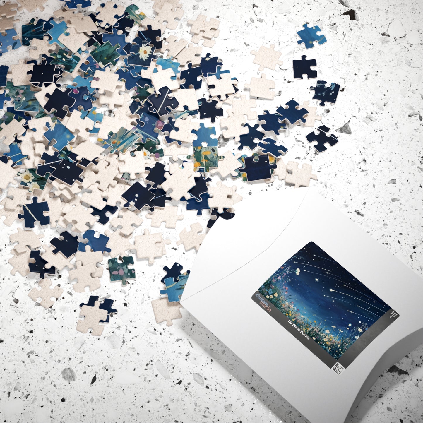 Wildflowers Under a Starry Sky Puzzle (110, 252, 520, 1014 Pieces) - Dreamy Meteor Shower, Starry Night Scene with Colorful Blooms