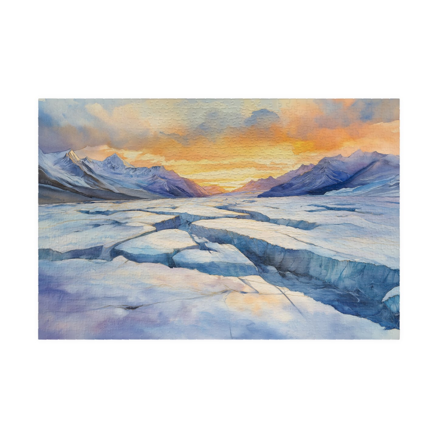 Glacial Field Puzzle (110, 252, 520, 1014 Pieces) - Frozen Mountain Landscape with Cracked Ice, Arctic Horizon, and Winter Sunset Glow