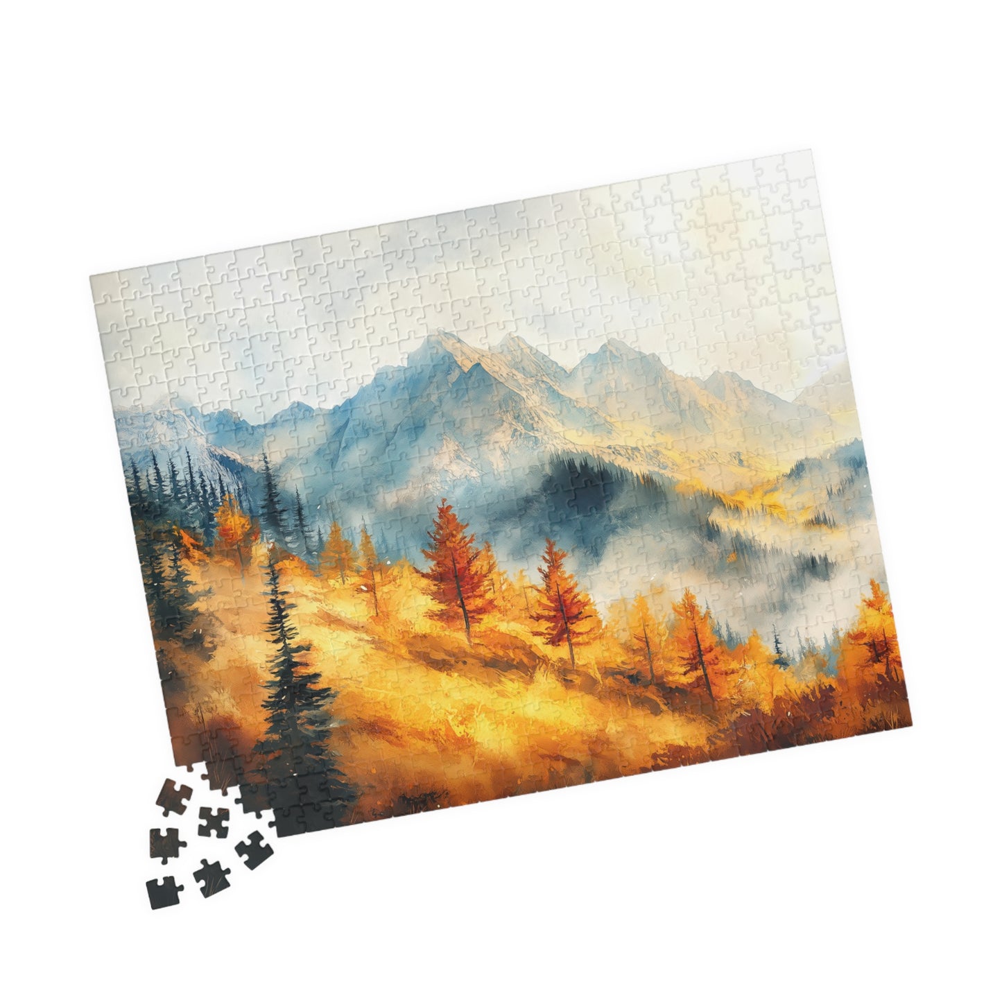 Golden Hillside Puzzle (110, 252, 520, 1014 Pieces) - Autumn Forest Jigsaw, Tranquil Nature Puzzle, Misty Mountain Decor, Fall Lover Gift