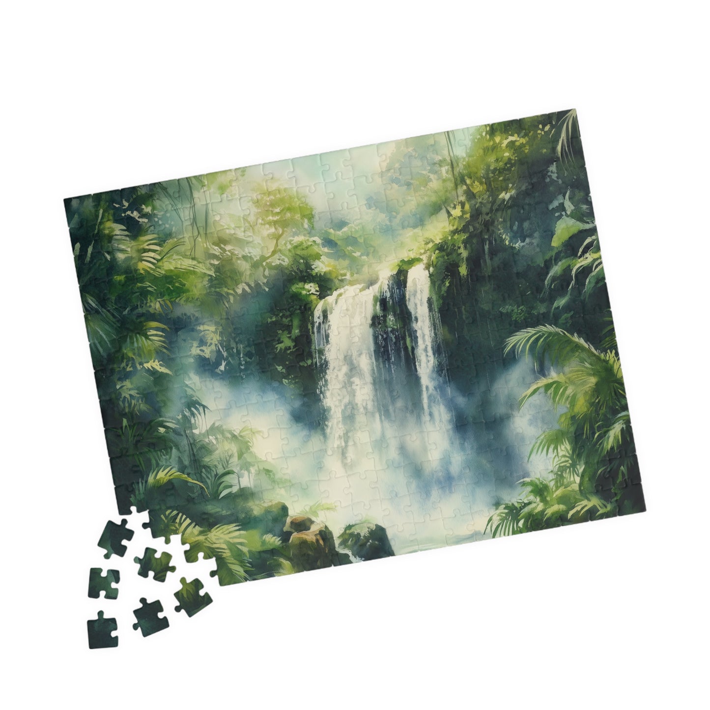 Lush Jungle Waterfall Puzzle (110, 252, 520, 1014 Pieces) - Tropical Rainforest Puzzle, Misty Green Waterfall Art, Serene Nature Escape