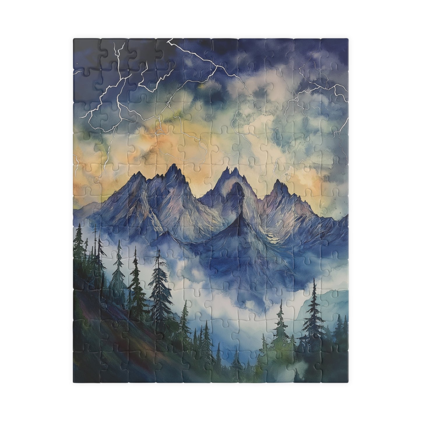 Stormy Mountain Peaks Puzzle (110, 252, 520, 1014 Pieces) - Dark Pine Forest, Lightning Strikes, Dramatic Skies Over Jagged Summits