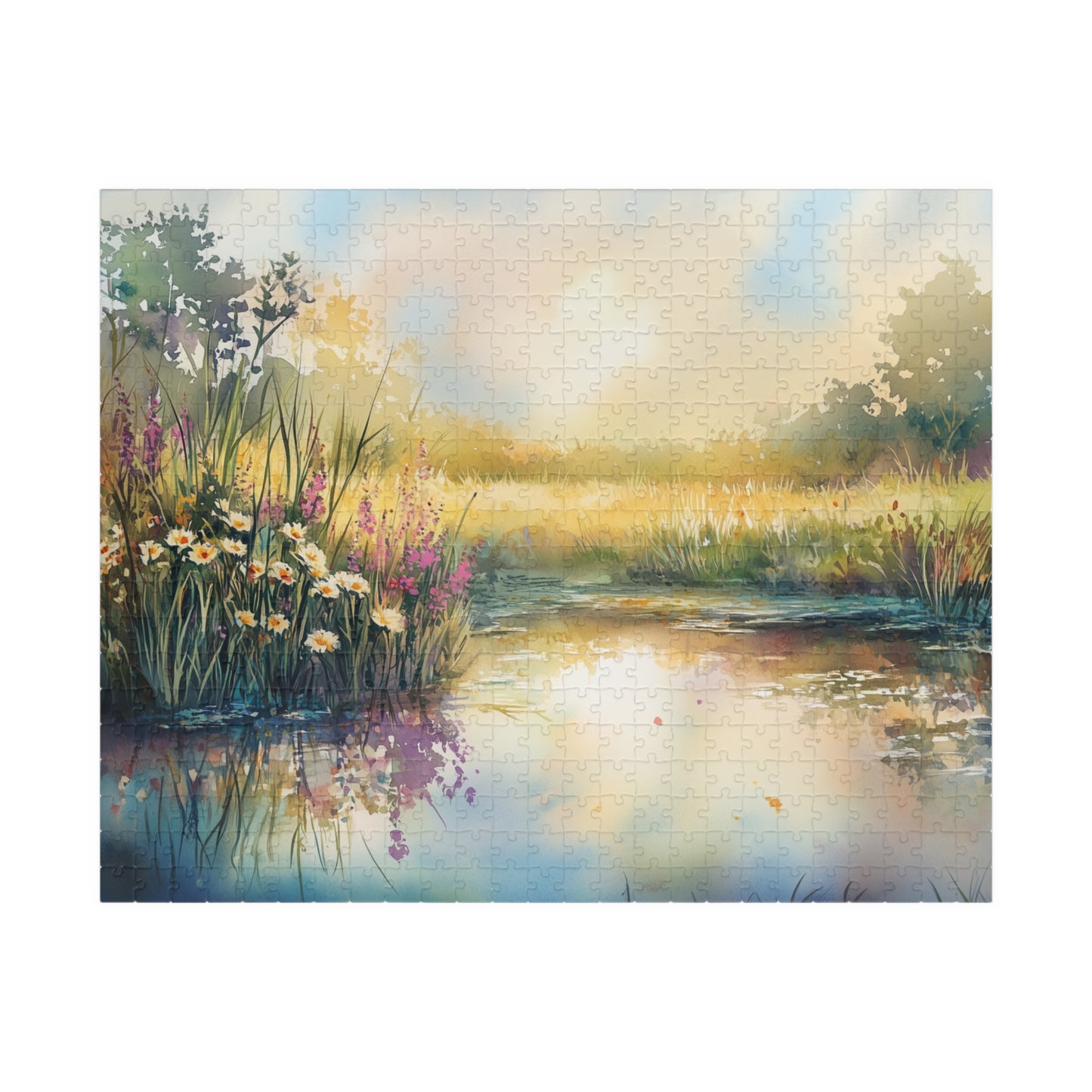Prairie Pond Puzzle (110, 252, 520, 1014 Pieces) - Reflective Water, Wildflowers, Golden Light, Relaxation, Home Decor, Mindful Activity