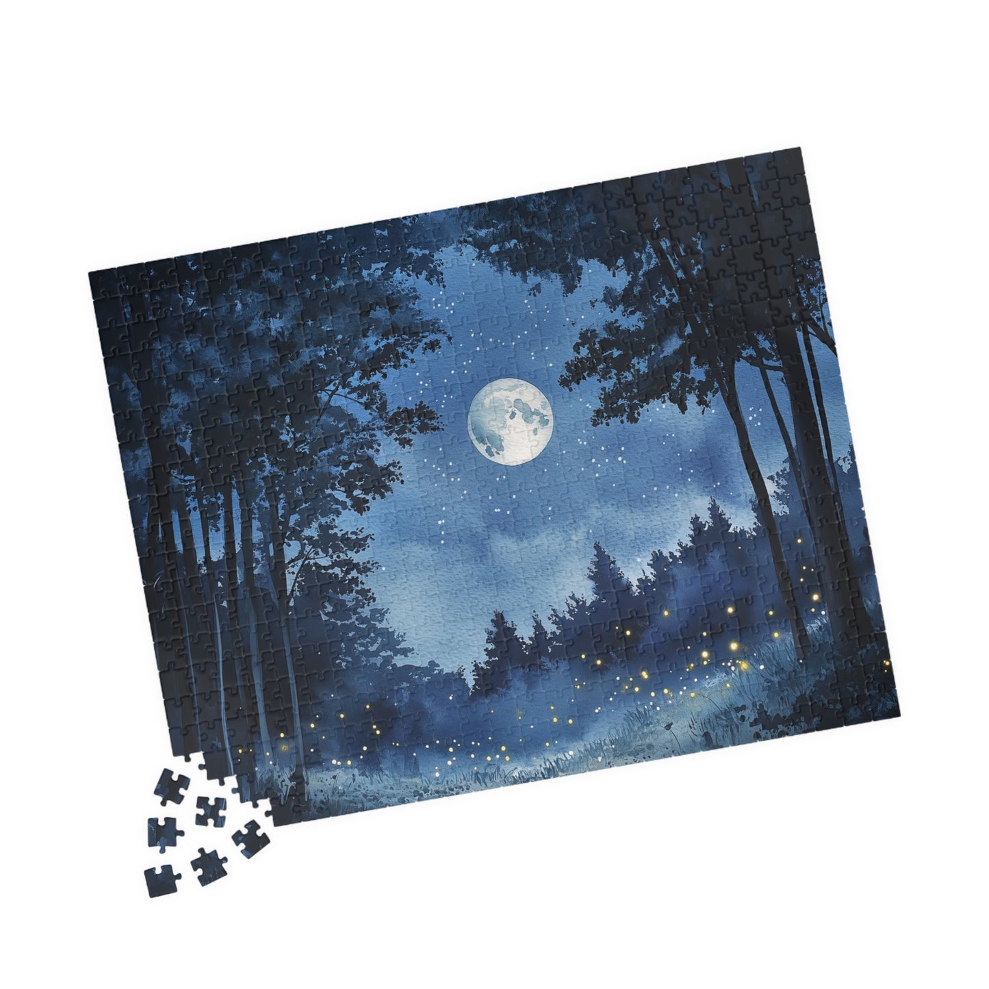 Moonlit Forest Puzzle (110, 252, 520, 1014 Pieces) - Enchanted Trees, Fireflies, and Starry Night Sky in Monochrome Blue