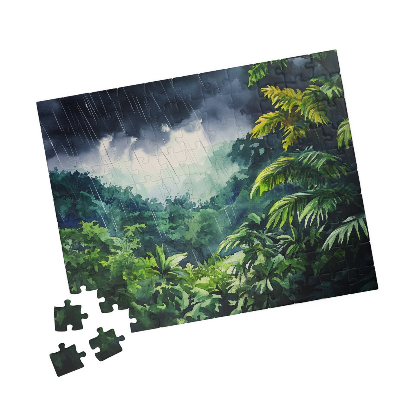 Rainfall in the Jungle Puzzle (110, 252, 520, 1014 Pieces) - Lush Tropical Rainstorm Scene, Moody Nature Puzzle for Relaxation & Focus