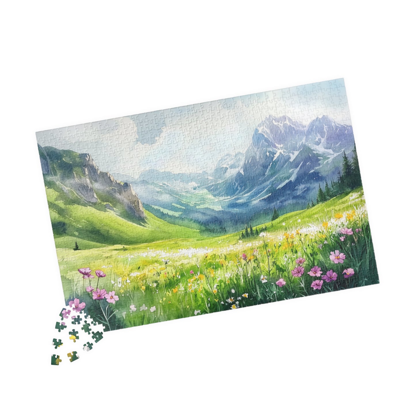 Mountain Meadow Puzzle (110, 252, 520, 1014 Pieces) - Wildflowers, Alpine Valley, Snowy Peaks, Peaceful Landscape