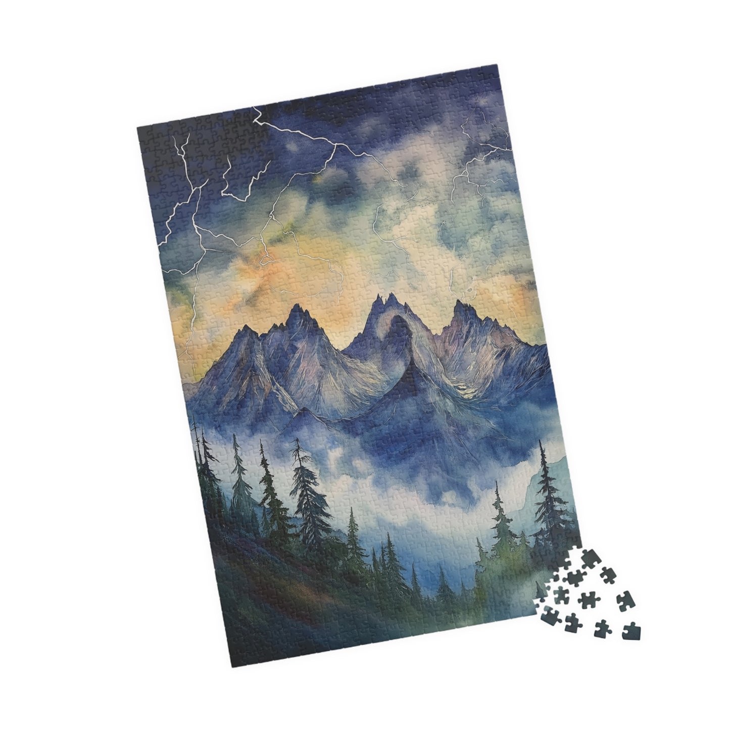Stormy Mountain Peaks Puzzle (110, 252, 520, 1014 Pieces) - Dark Pine Forest, Lightning Strikes, Dramatic Skies Over Jagged Summits
