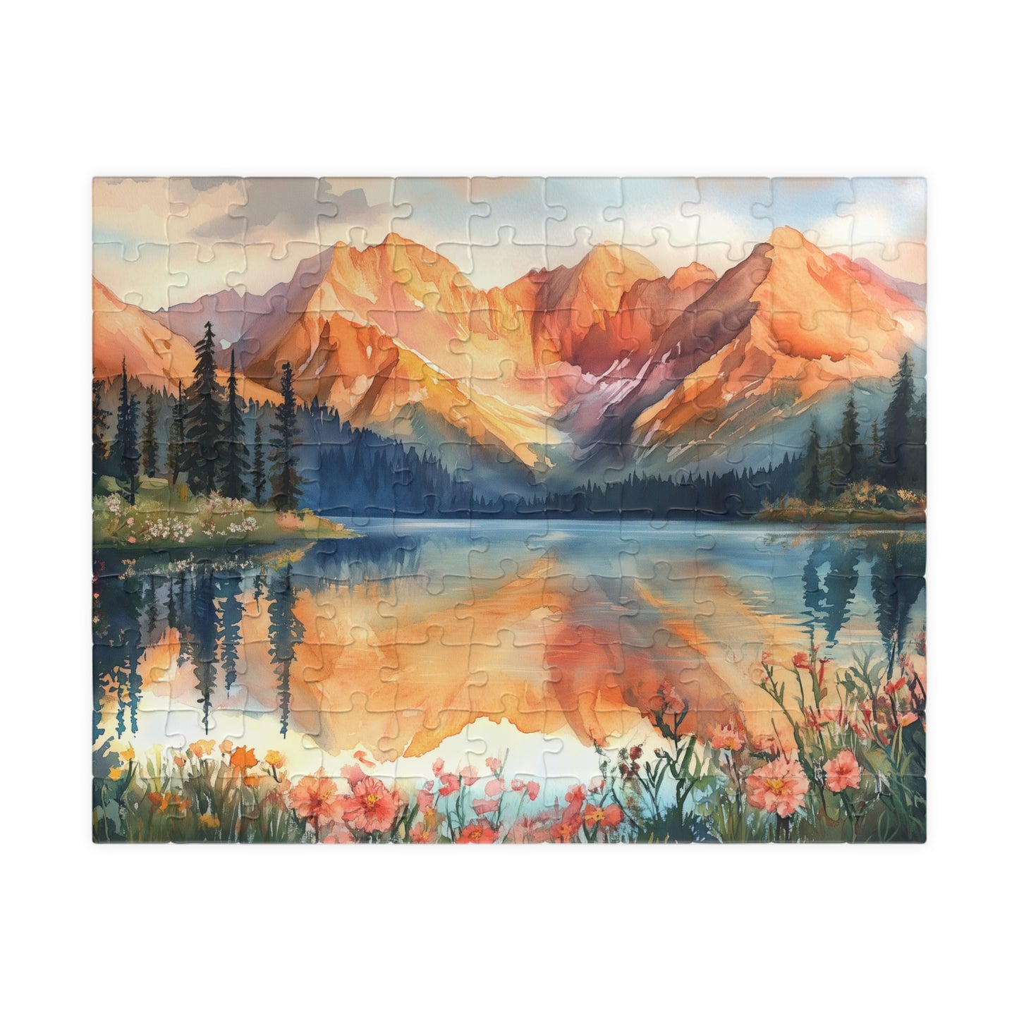Fiery Red Mountain Reflection Puzzle (110, 252, 520, 1014 Pieces) - Wildflower Shoreline, Alpine Forest, Golden Hour Glow,