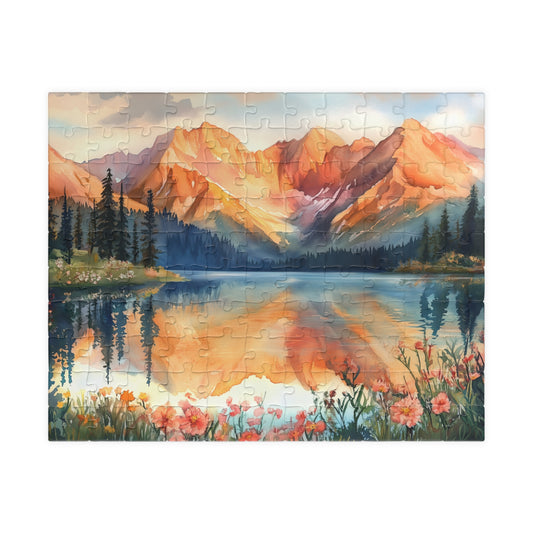 Fiery Red Mountain Reflection Puzzle (110, 252, 520, 1014 Pieces) - Wildflower Shoreline, Alpine Forest, Golden Hour Glow,